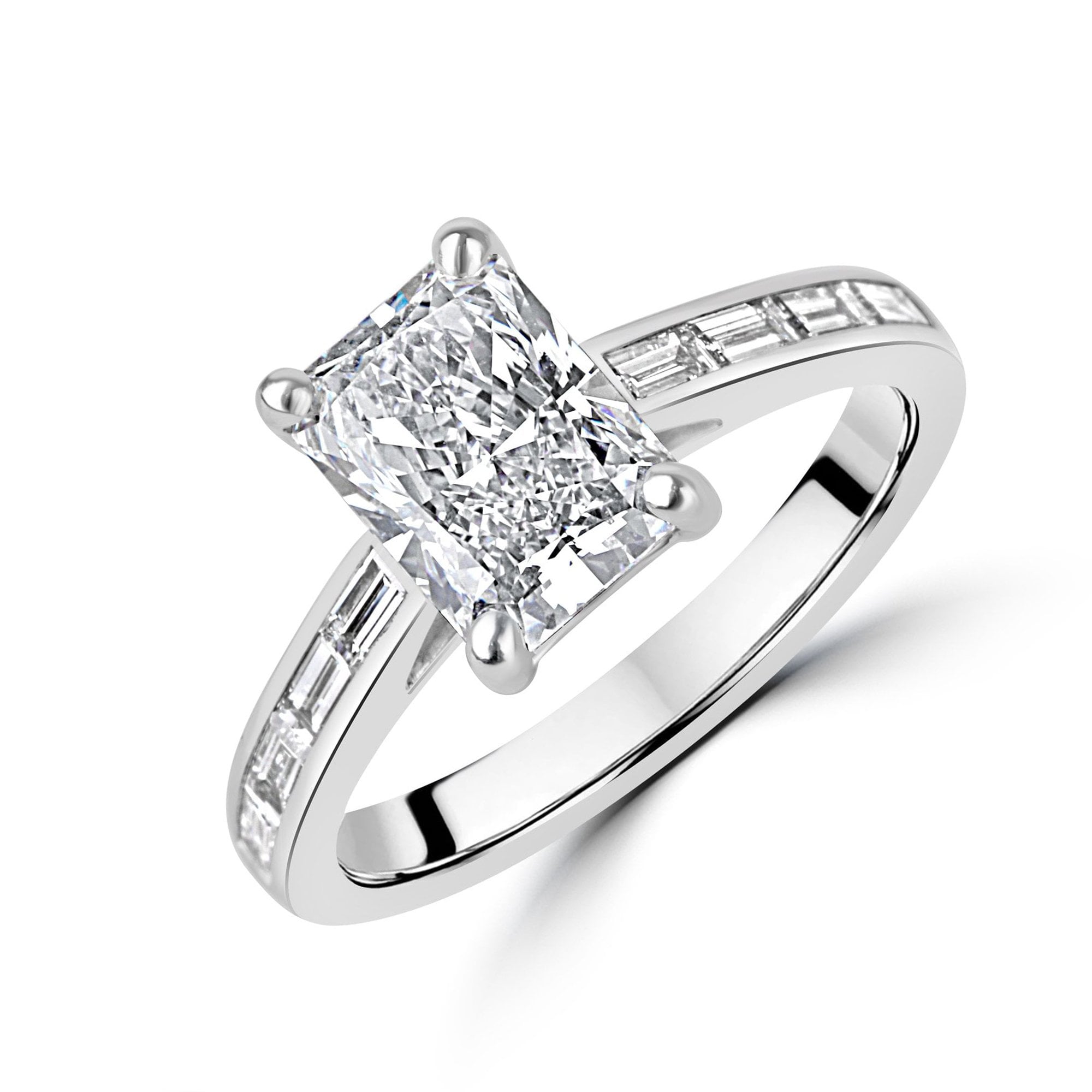 Platinum 1.87ct Radiant Cut Lab Grown Diamond Ring With Baguette Diamond Shoulders