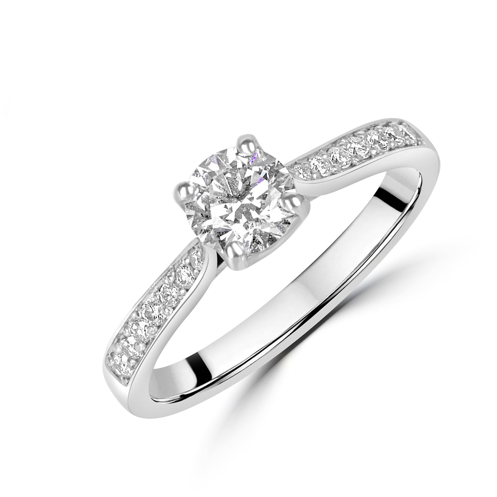 Platinum Hearts and Arrows Four Claw Diamond ring with Diamond Set Shoulders