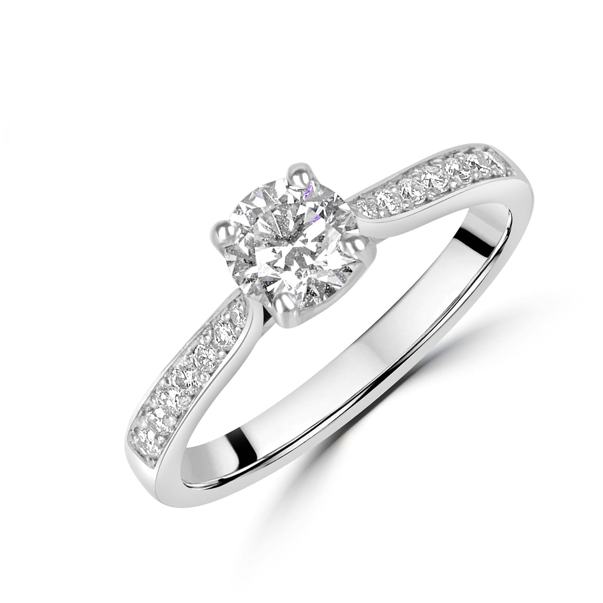 Platinum Hearts and Arrows Four Claw Diamond ring with Diamond Set Shoulders