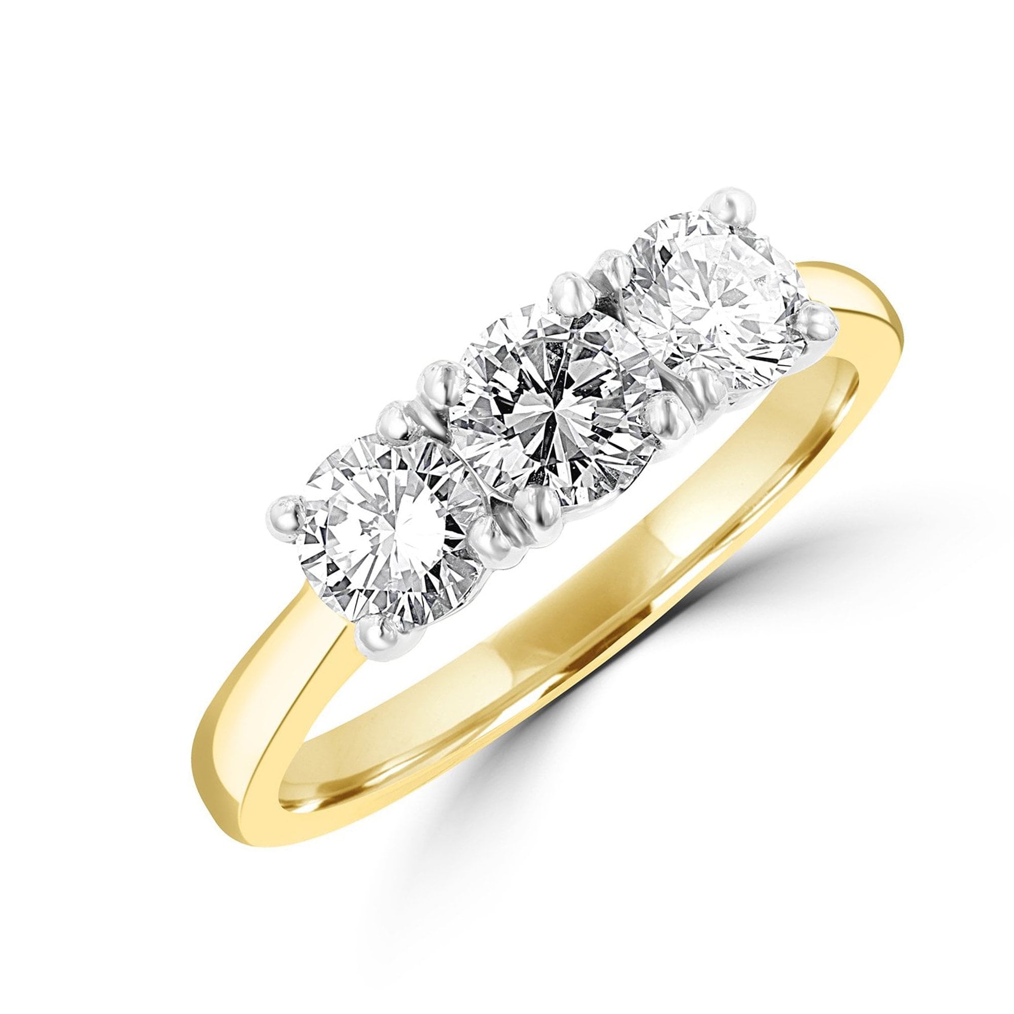 18ct Yellow Gold and Platinum Three Stone Engagement Ring with Round Brilliant Cut Diamonds