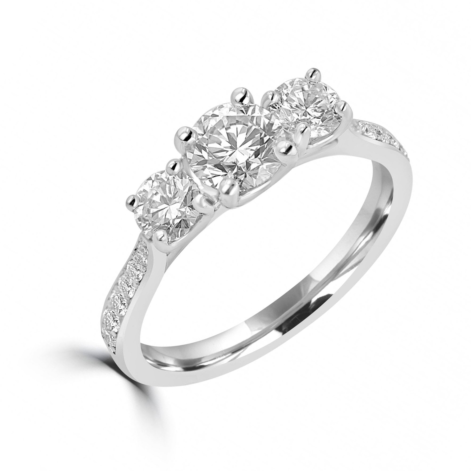 Platinum 1.32ct Total Three Stone Round Diamond Ring With Diamond Shoulders