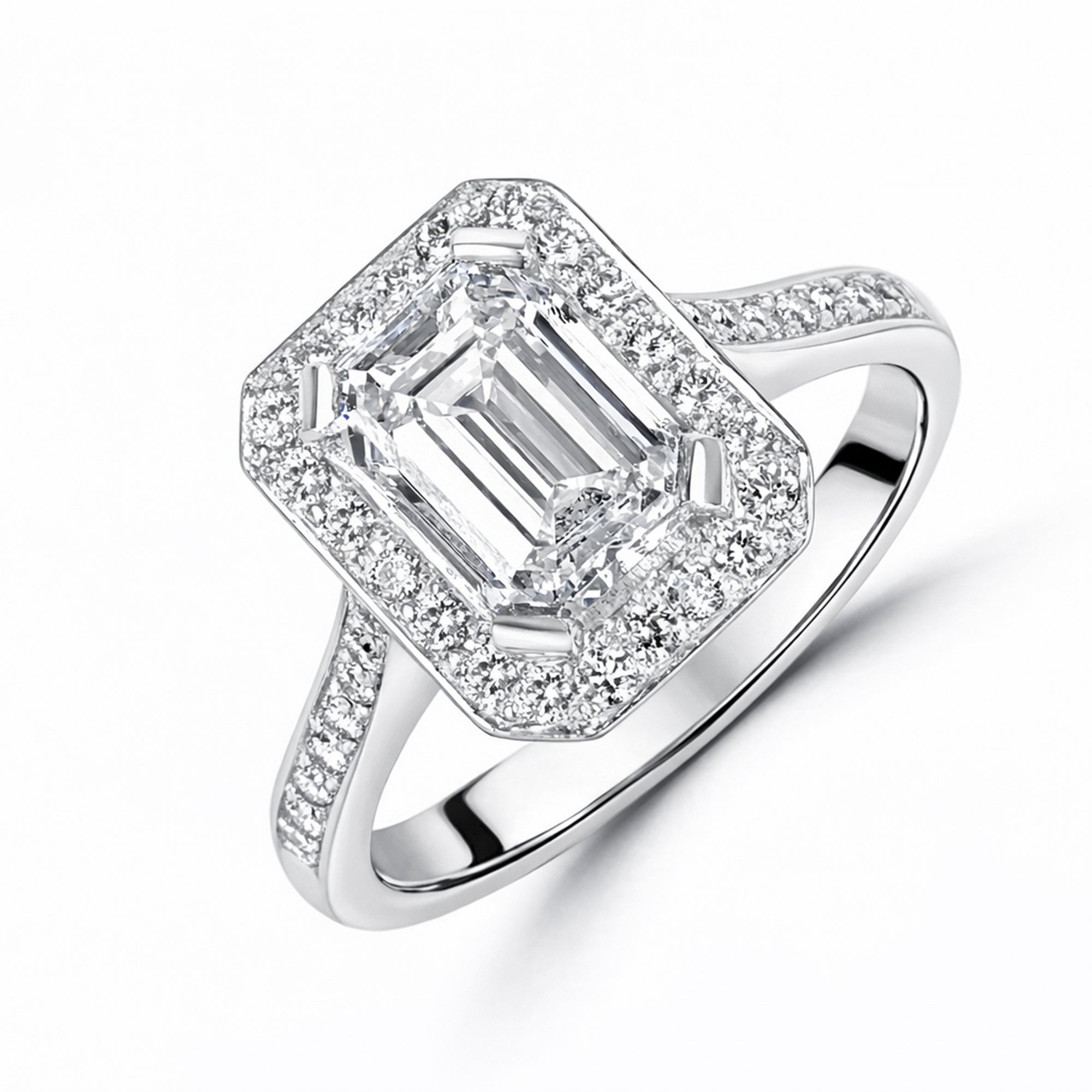 Platinum Art Deco Halo Engagement with 2.01ct Emerald Cut Diamond Pre-Owned Ring