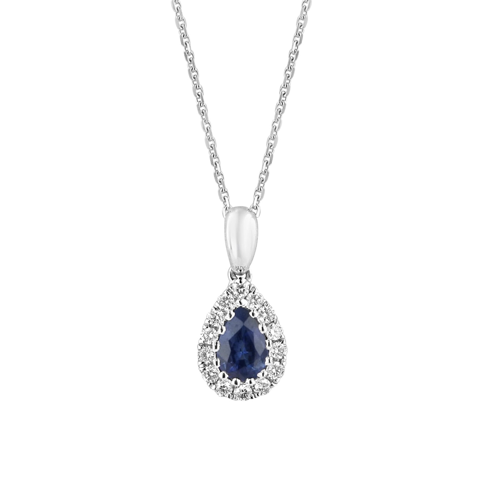 18ct White Gold Pear Shape Sapphire and Diamond Pendant and Chain