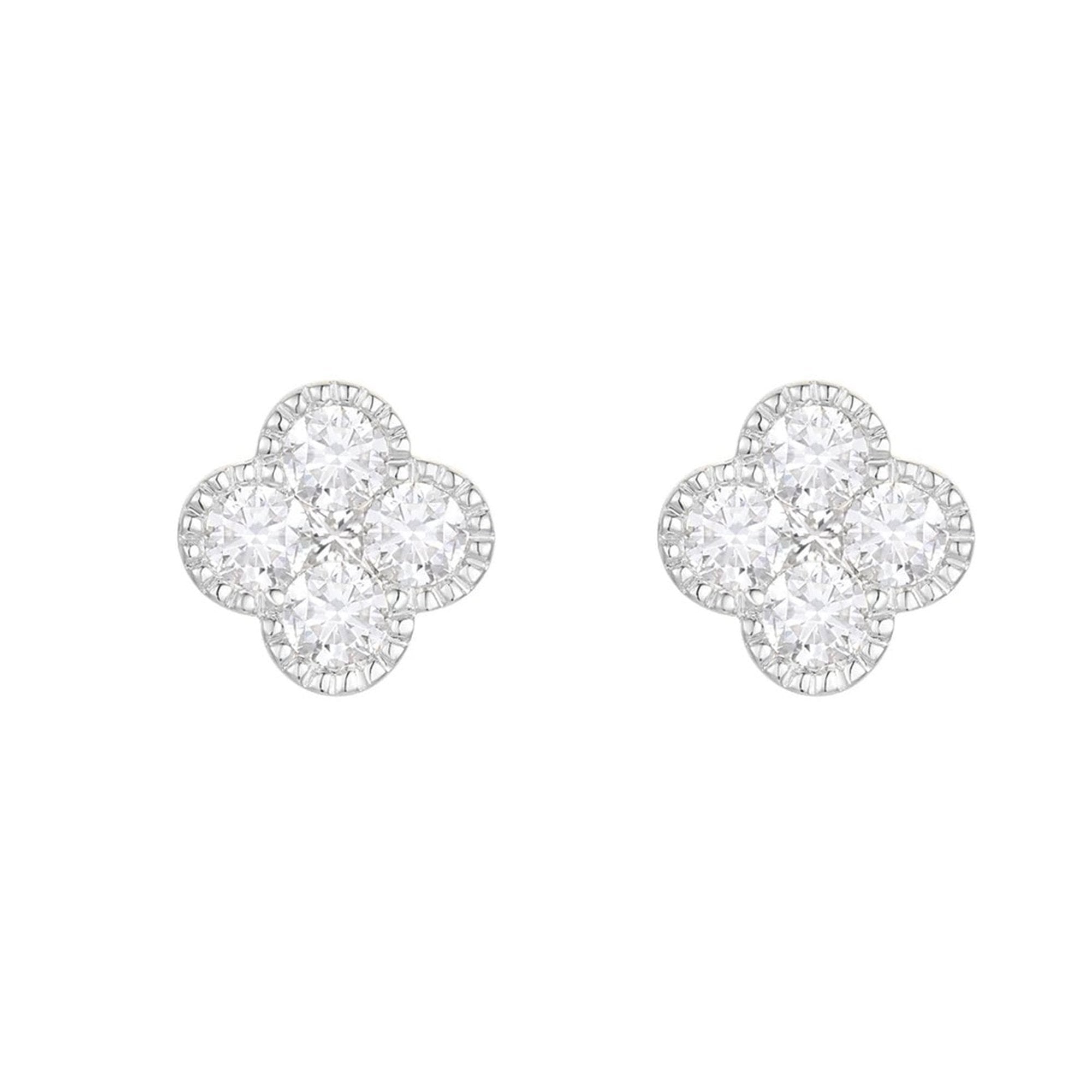 18ct White Gold Four Leaf Clover Diamond Stud Earrings With Beaded Edge