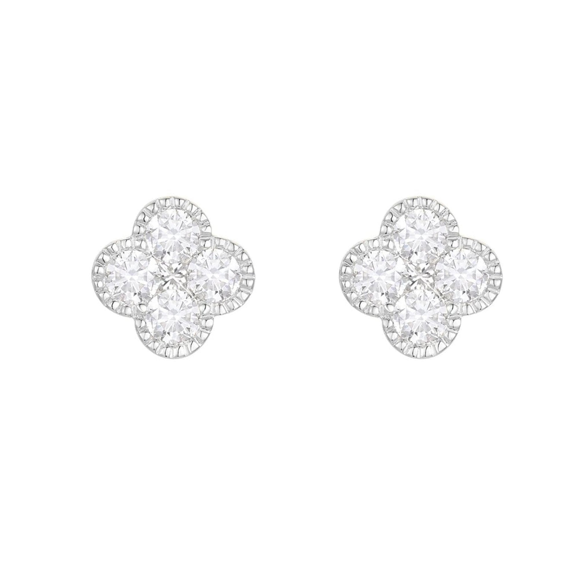 18ct White Gold Four Leaf Clover Diamond Stud Earrings With Beaded Edge