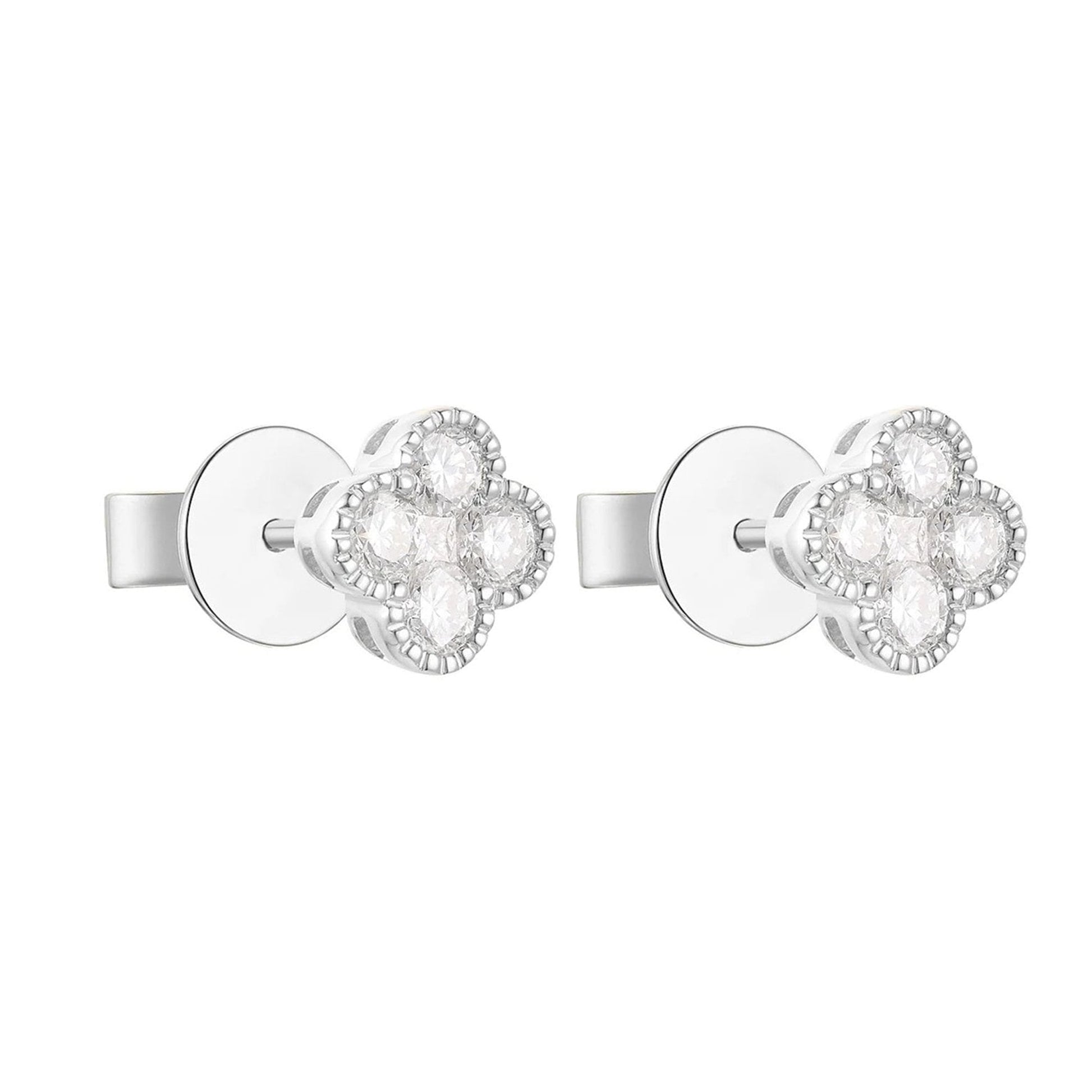 18ct White Gold Four Leaf Clover Diamond Stud Earrings With Beaded Edge
