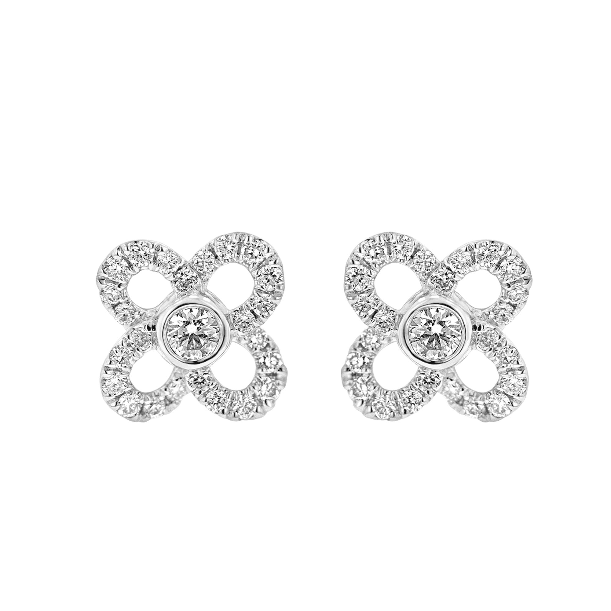 18ct White Gold Open Flower Shaped Stud Earrings With Diamonds