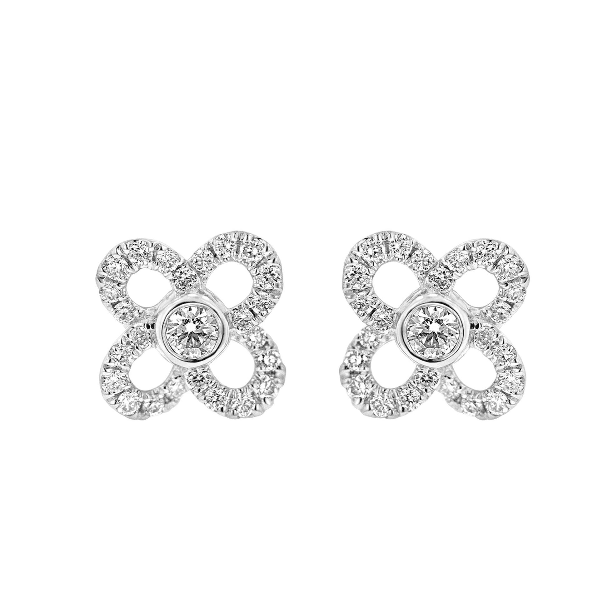 18ct White Gold Open Flower Shaped Stud Earrings With Diamonds