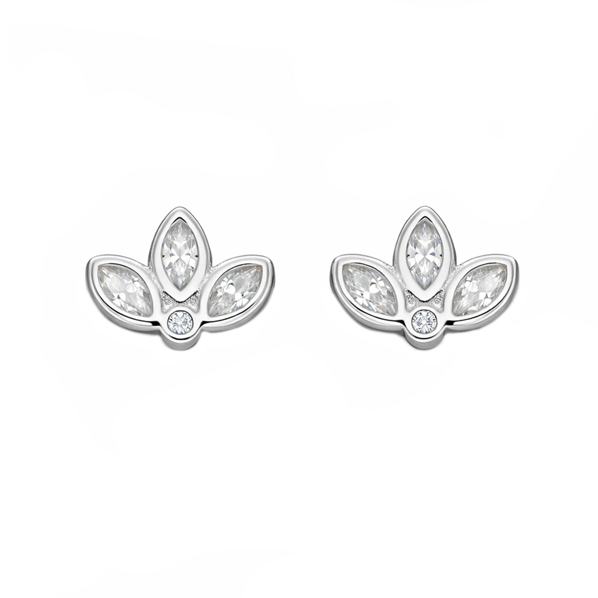 Small Rhodium Plated Silver Lotus Flower CZ Stud Earrings