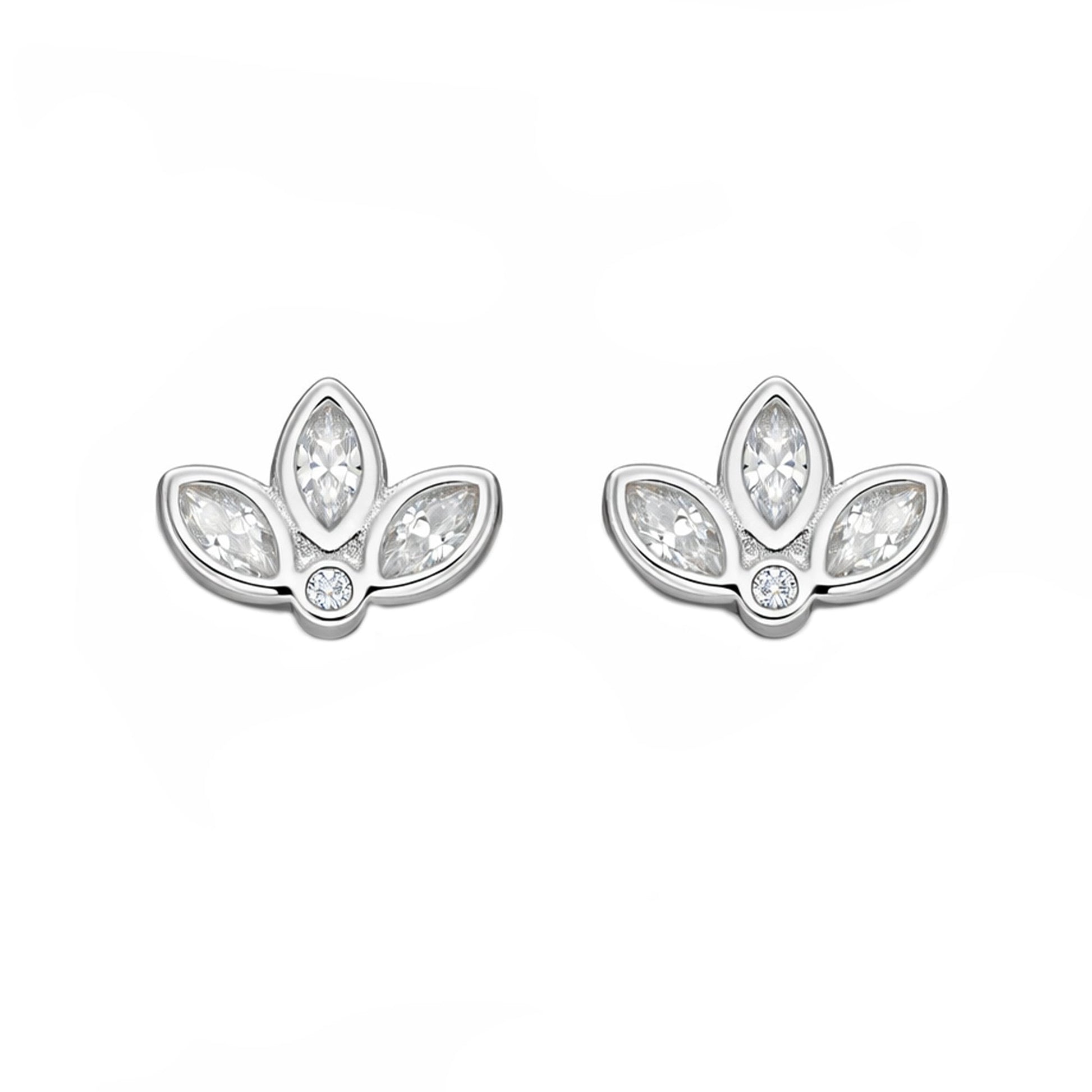 Small Rhodium Plated Silver Lotus Flower CZ Stud Earrings