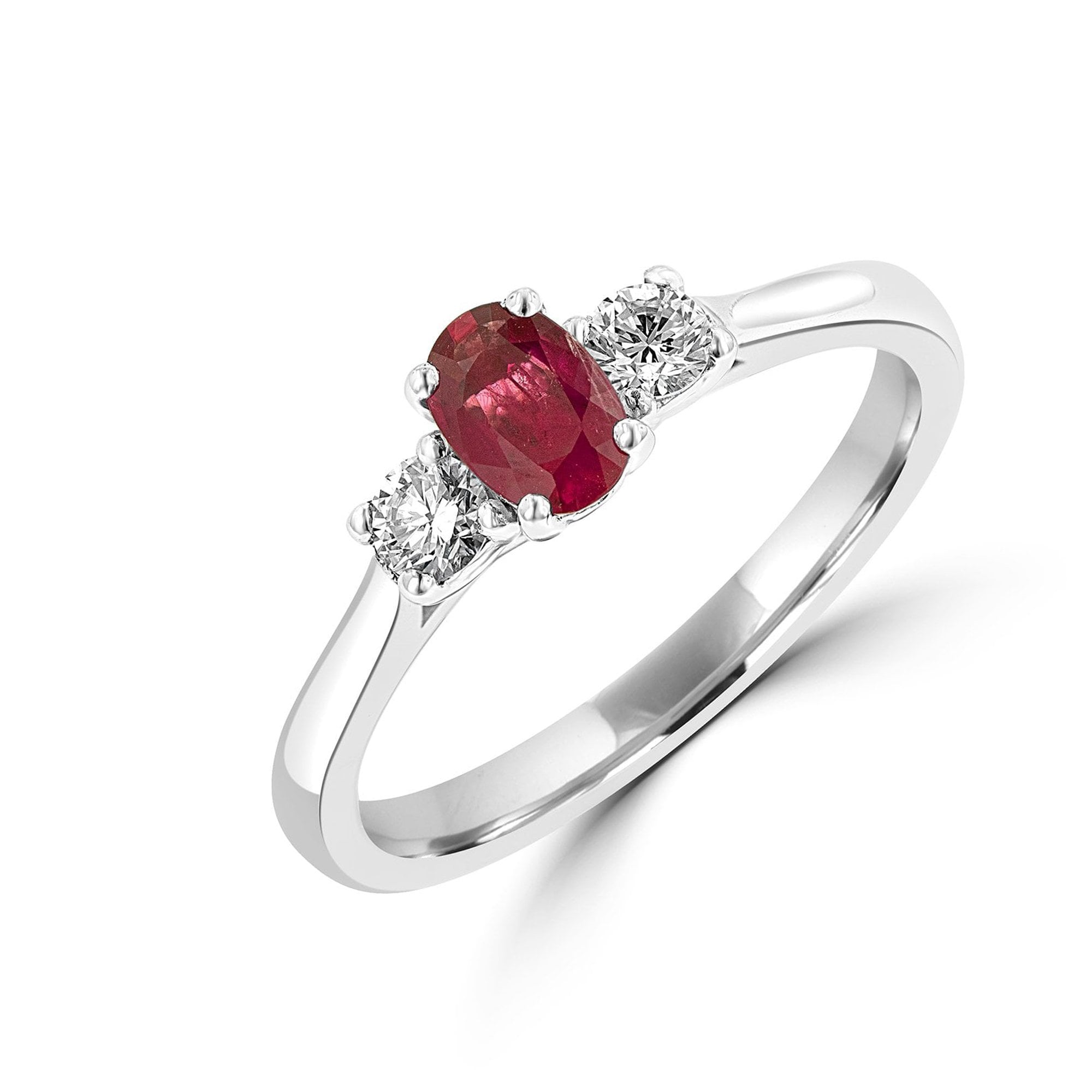 Three Stone Diamond and Red Ruby Ring in 9ct White Gold