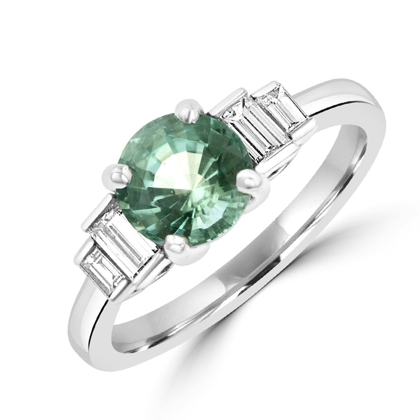 18ct White Gold 1.09ct Round Aquamarine and Tapered Baguette Diamond Ring