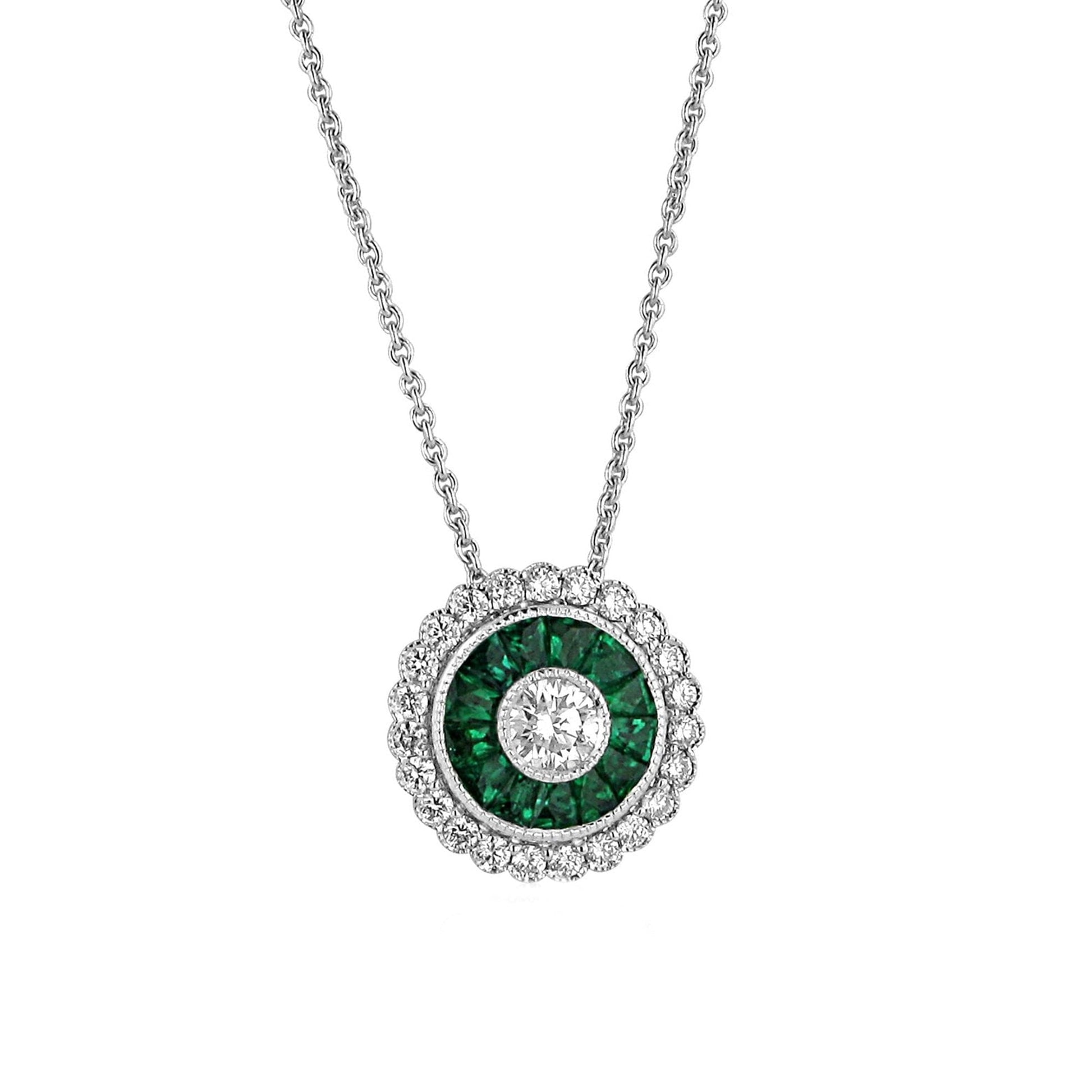 18ct White Gold Emerald and Diamond Fancy Circular Pendant and Chain