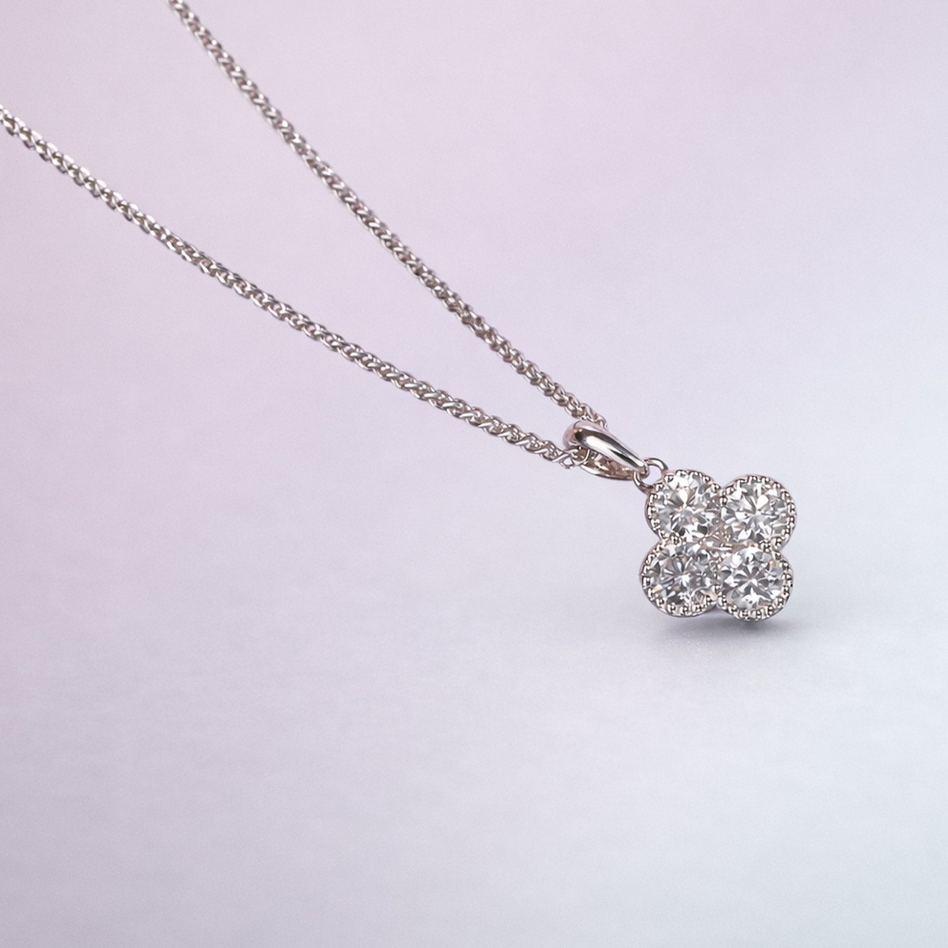 18ct White Gold Four Leaf Clover Shaped Pendant with Adjustable 16-18" Spiga Chain
