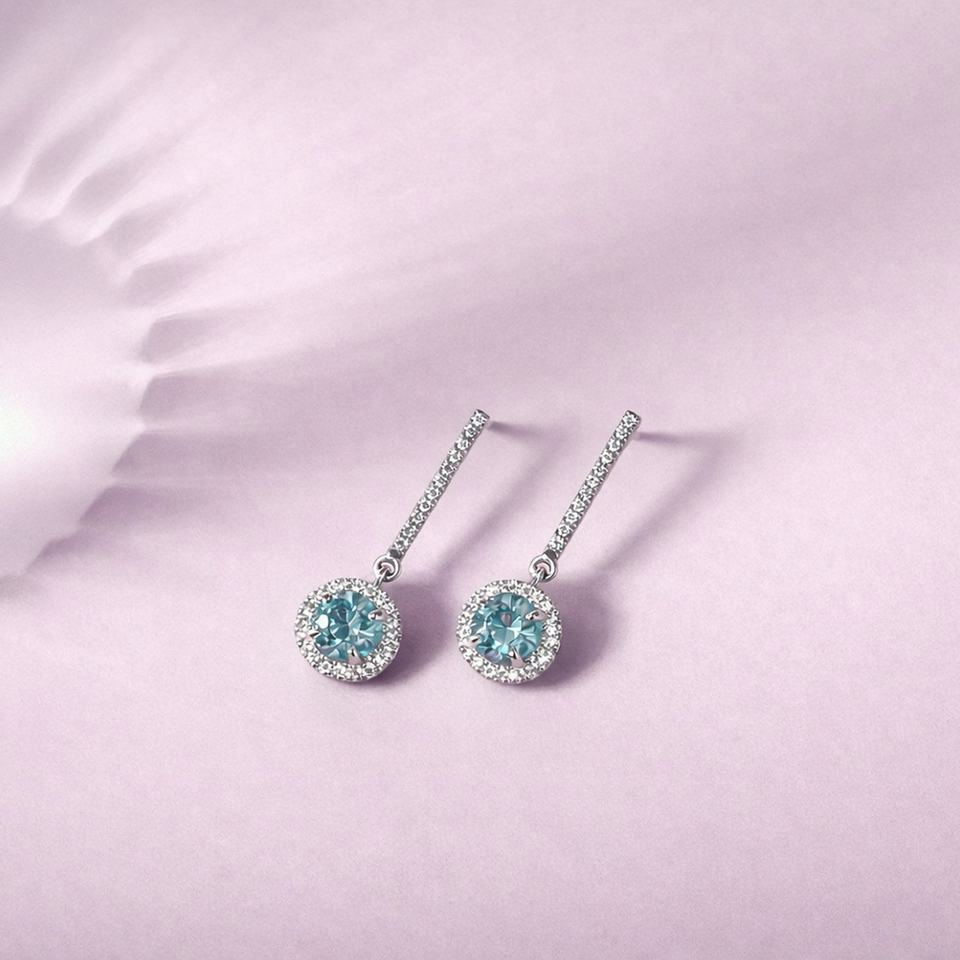 18ct White Gold Aquamarine and Diamond Halo Drop Earrings