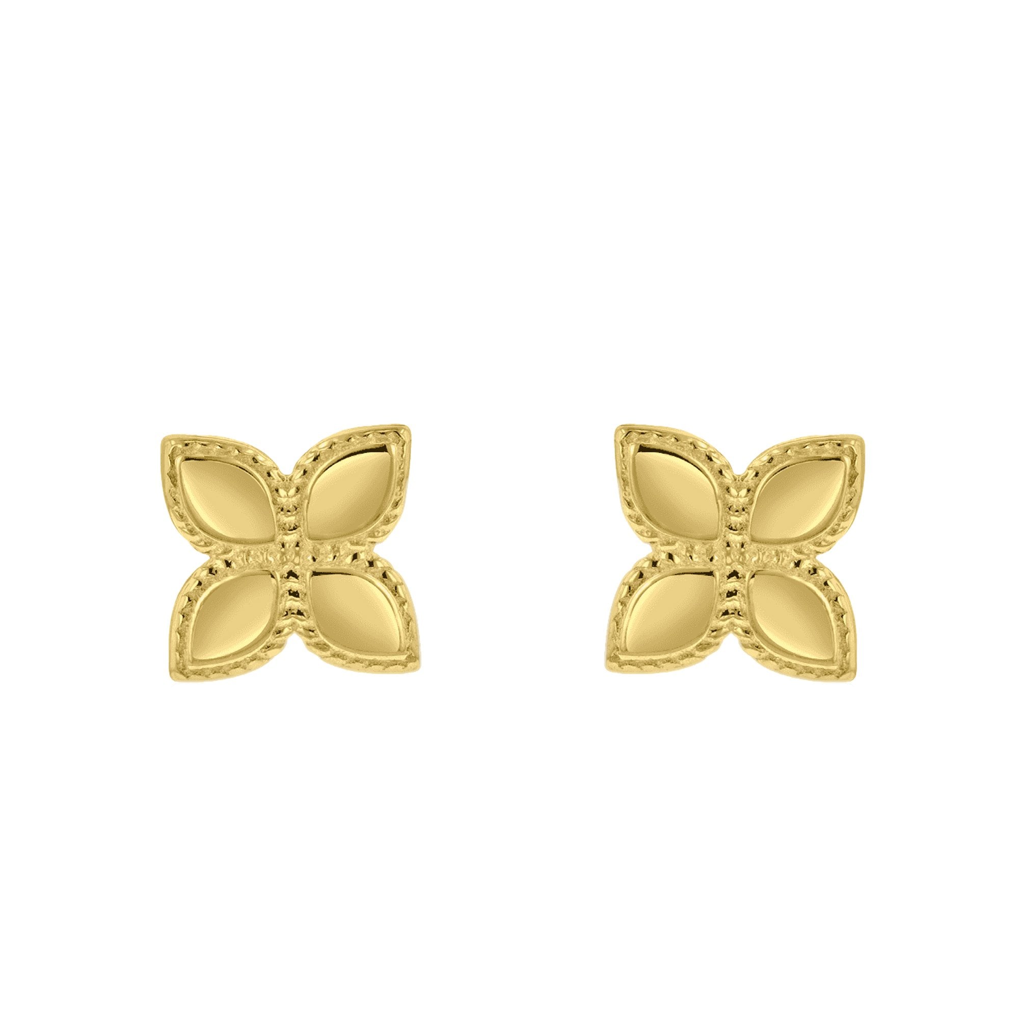 9ct Yellow Gold Four Petal Flower With Beaded Edge Stud Earrings