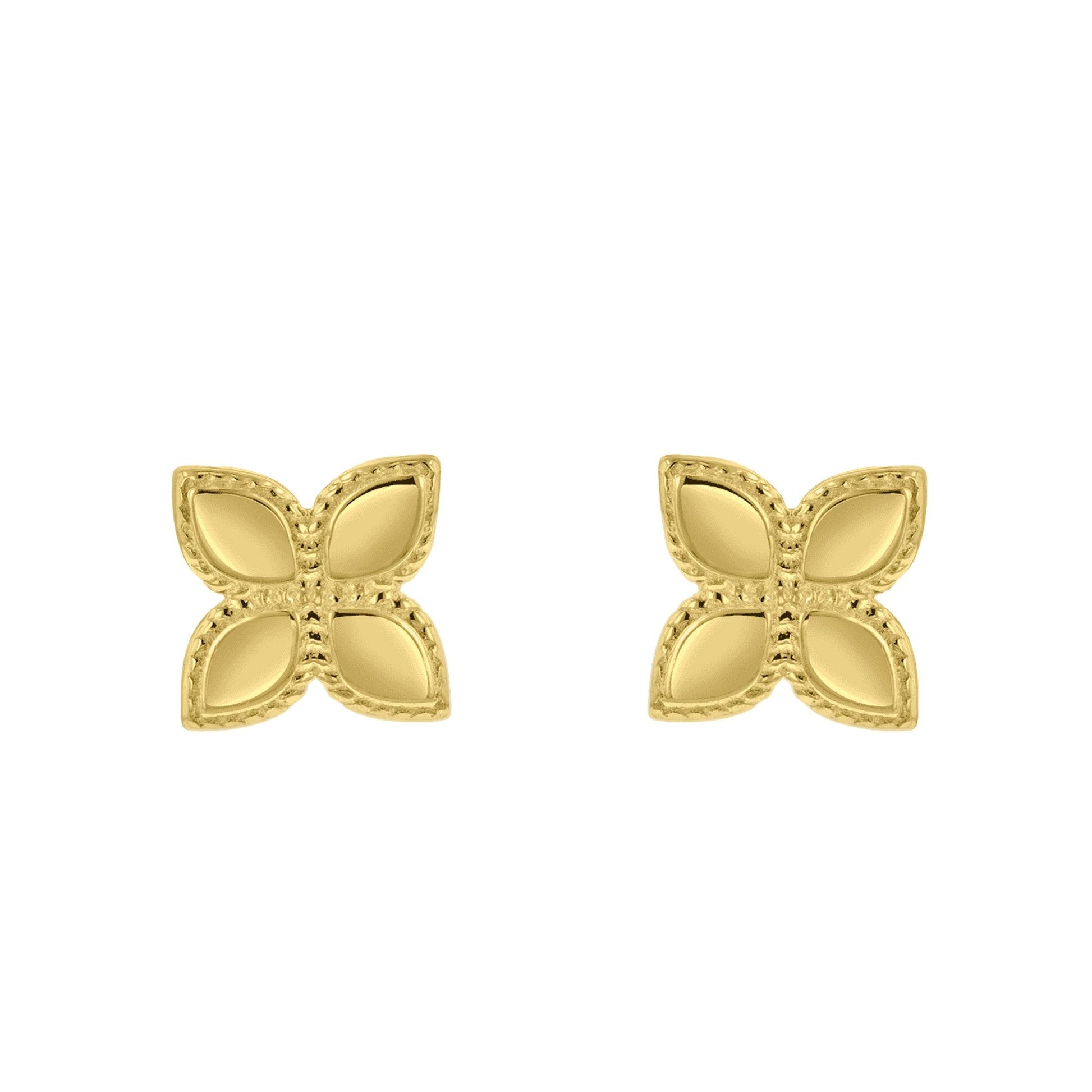 9ct Yellow Gold Four Petal Flower With Beaded Edge Stud Earrings