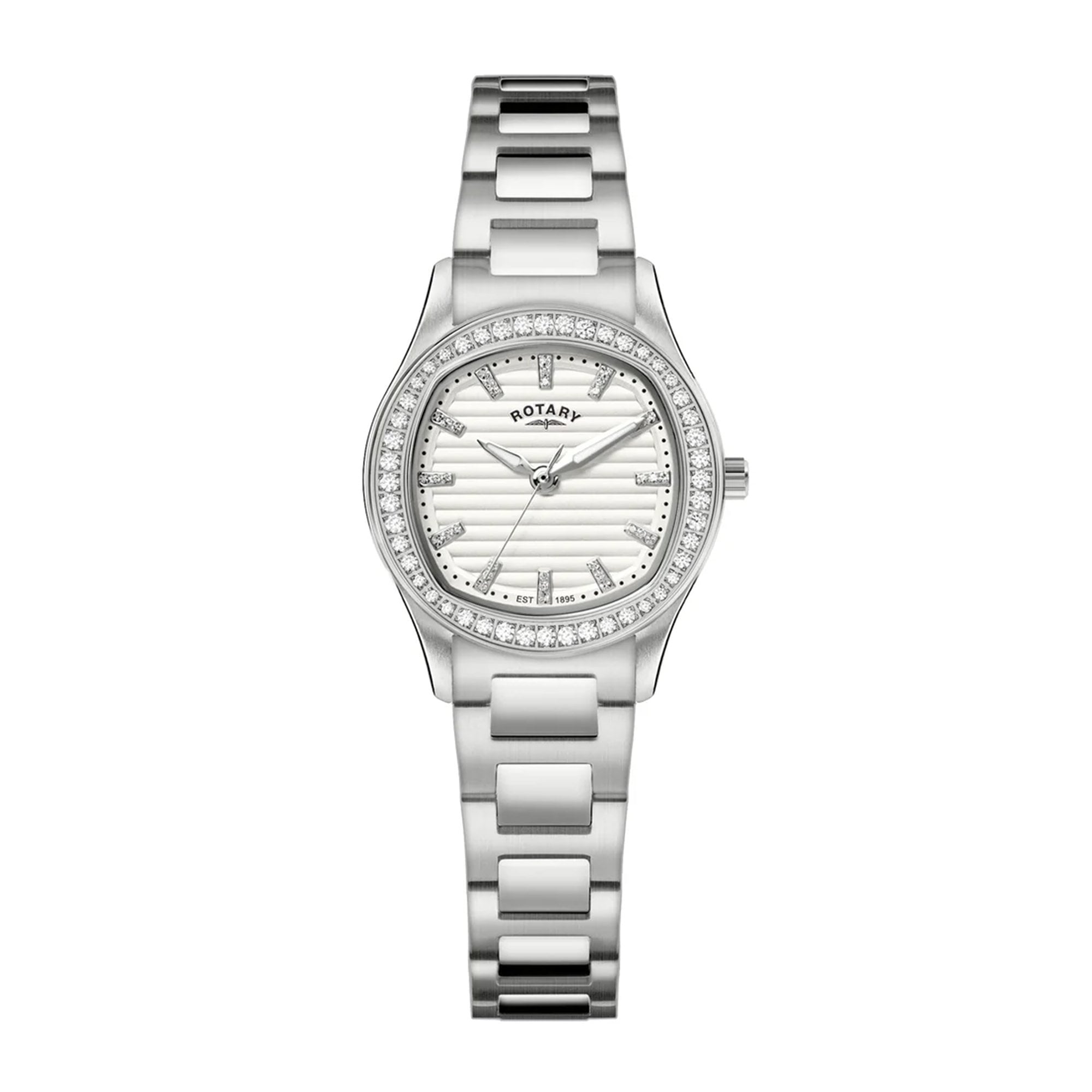 Ladies Rotary Contemporary Watch with White Dial, CZ Bezel and CZ Baton Markers