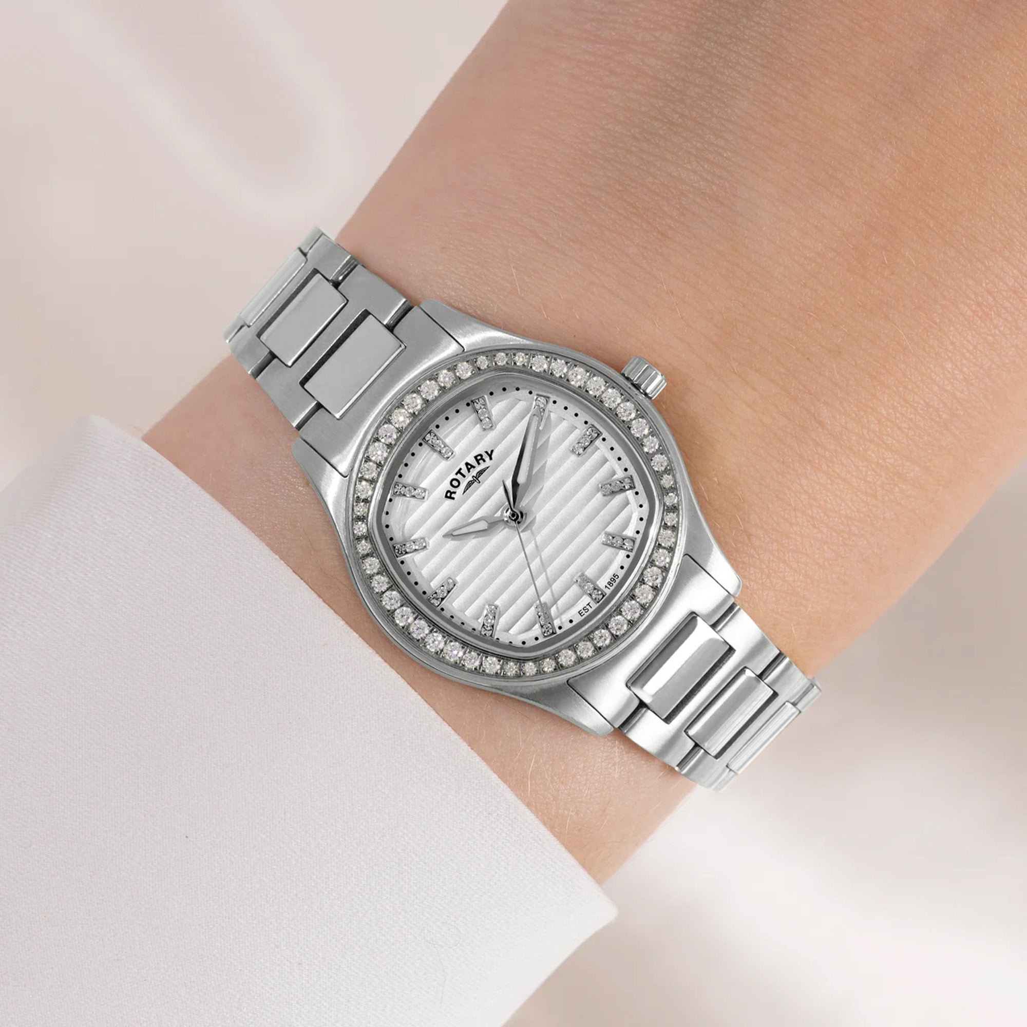 Ladies Rotary Contemporary Watch with White Dial, CZ Bezel and CZ Baton Markers