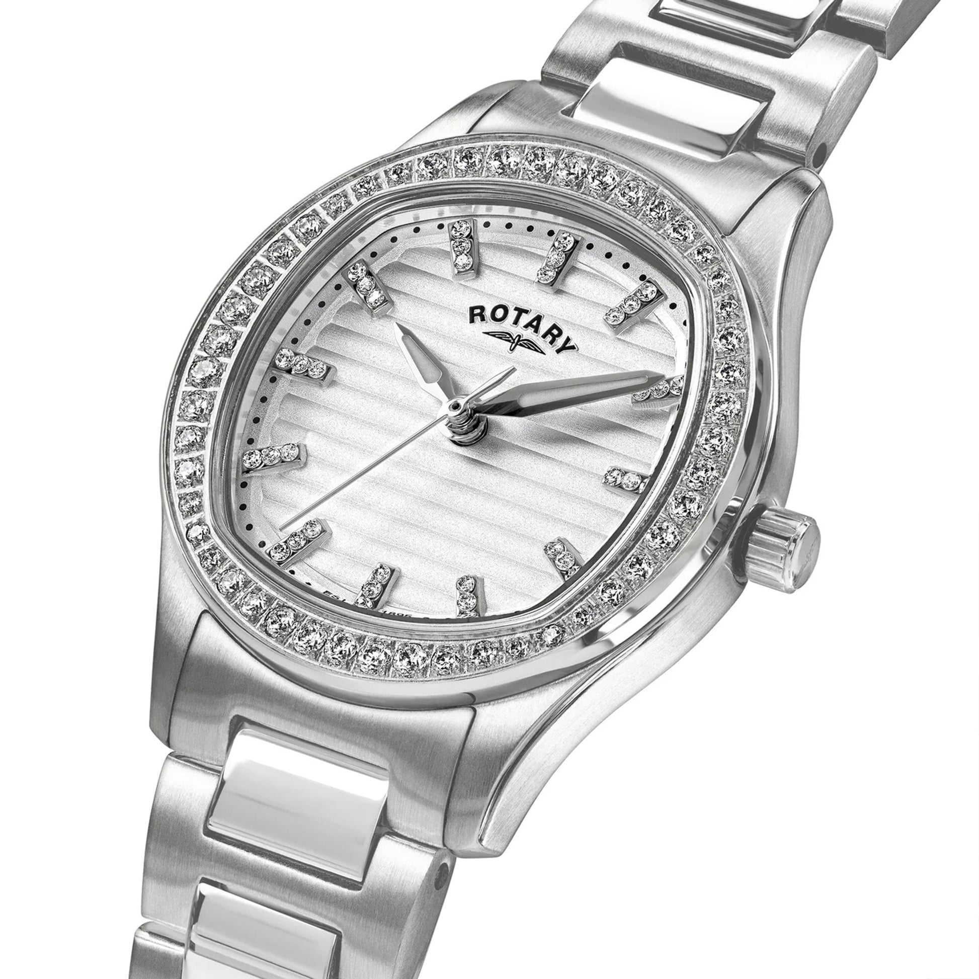 Ladies Rotary Contemporary Watch with White Dial, CZ Bezel and CZ Baton Markers