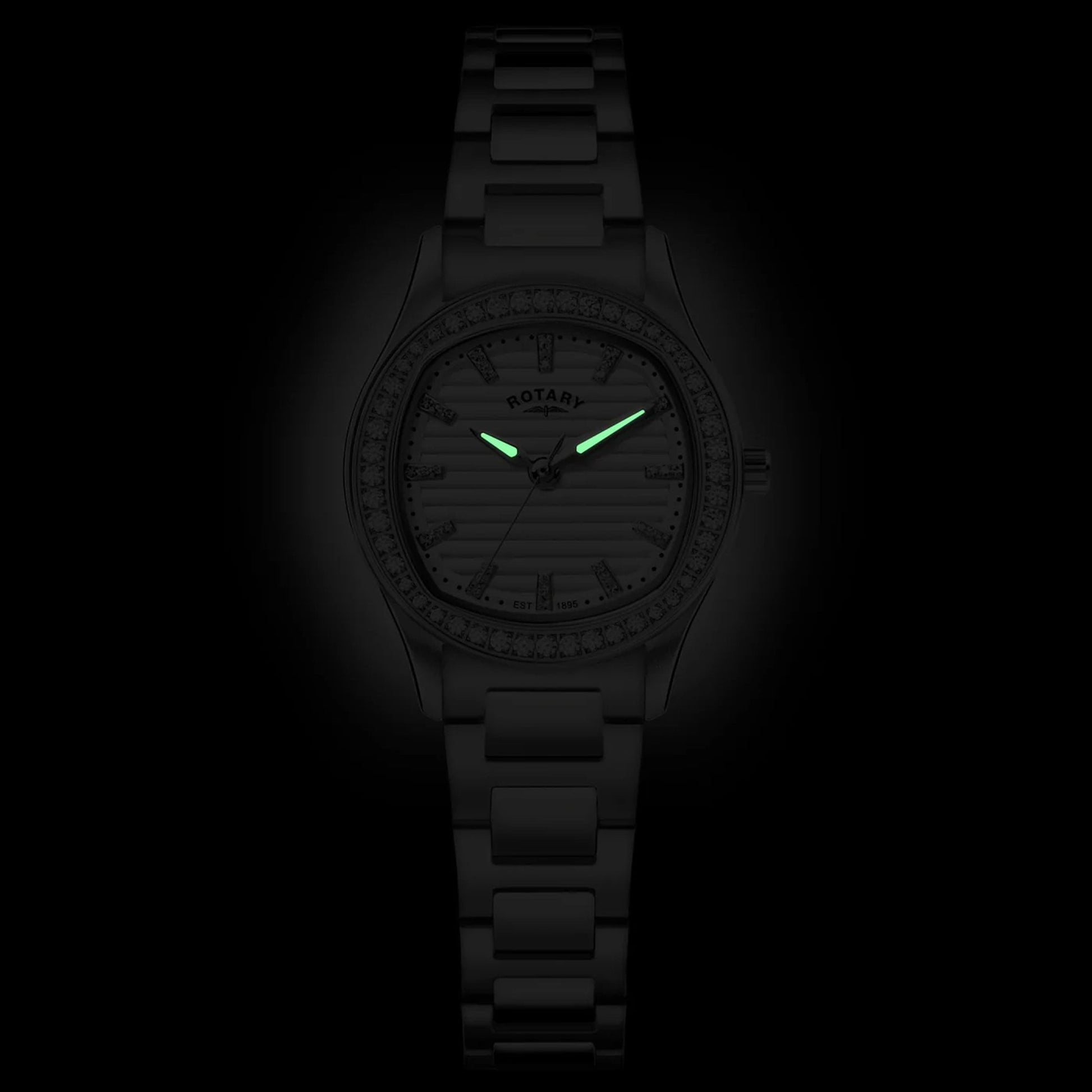 Ladies Rotary Contemporary Watch with White Dial, CZ Bezel and CZ Baton Markers