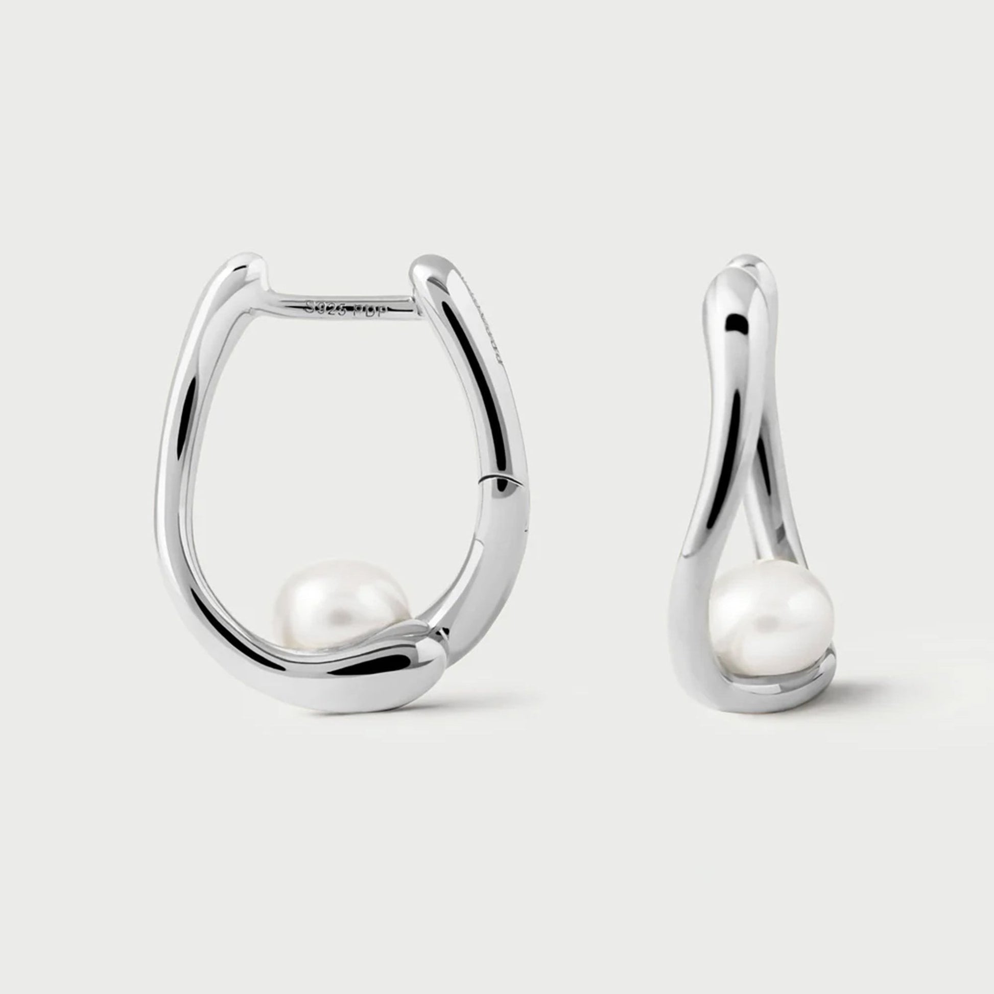 PDPAOLA Rodium Plated Sterling Silver 'La Perla Aura' Hoop Earrings