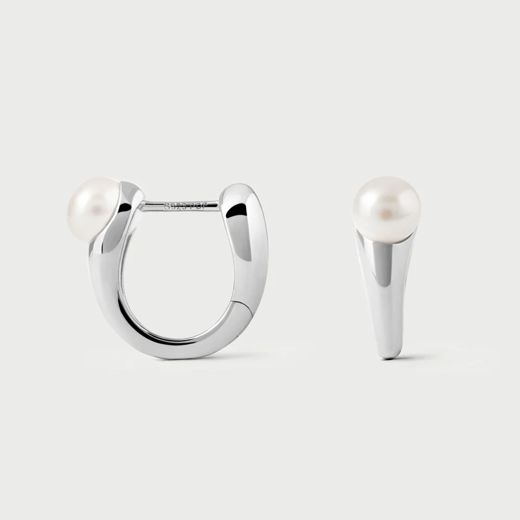 PDPAOLA Rodium Plated Sterling Silver 'La Perla Ondine' Hoop Earrings