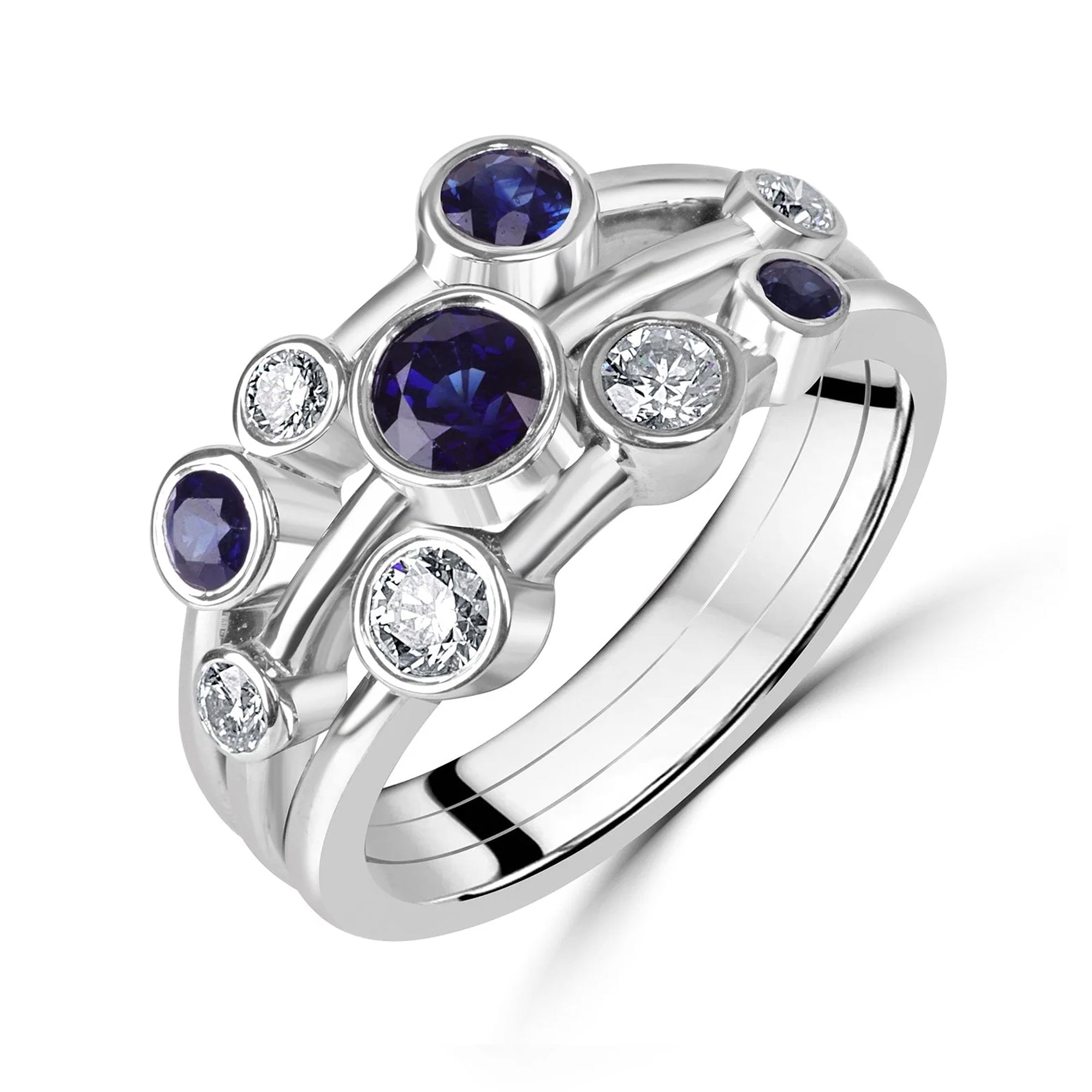 18ct White Gold 0.88ct Round Sapphire and 0.39ct Round Diamond Bubble Style Ring