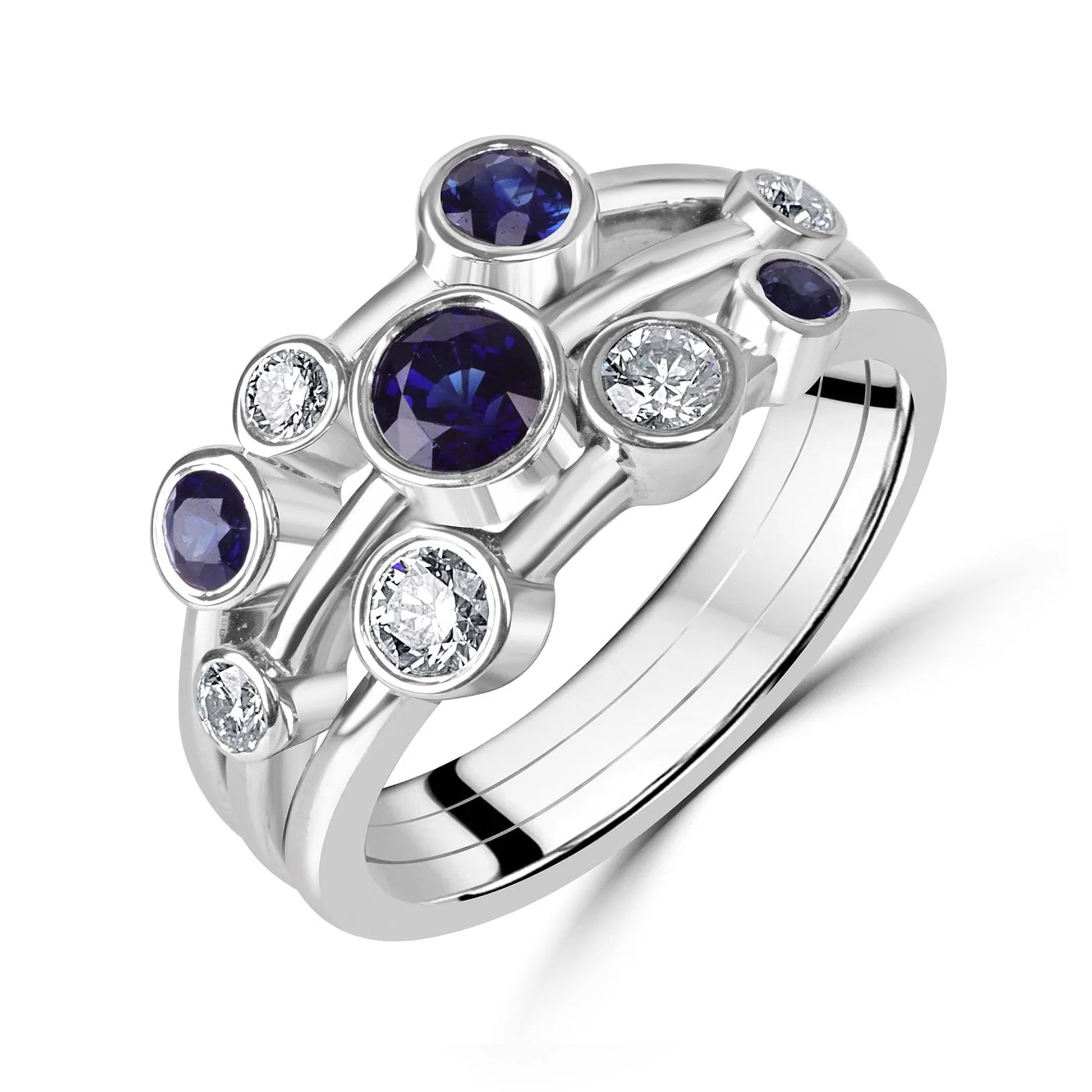 18ct White Gold 0.88ct Round Sapphire and 0.39ct Round Diamond Bubble Style Ring