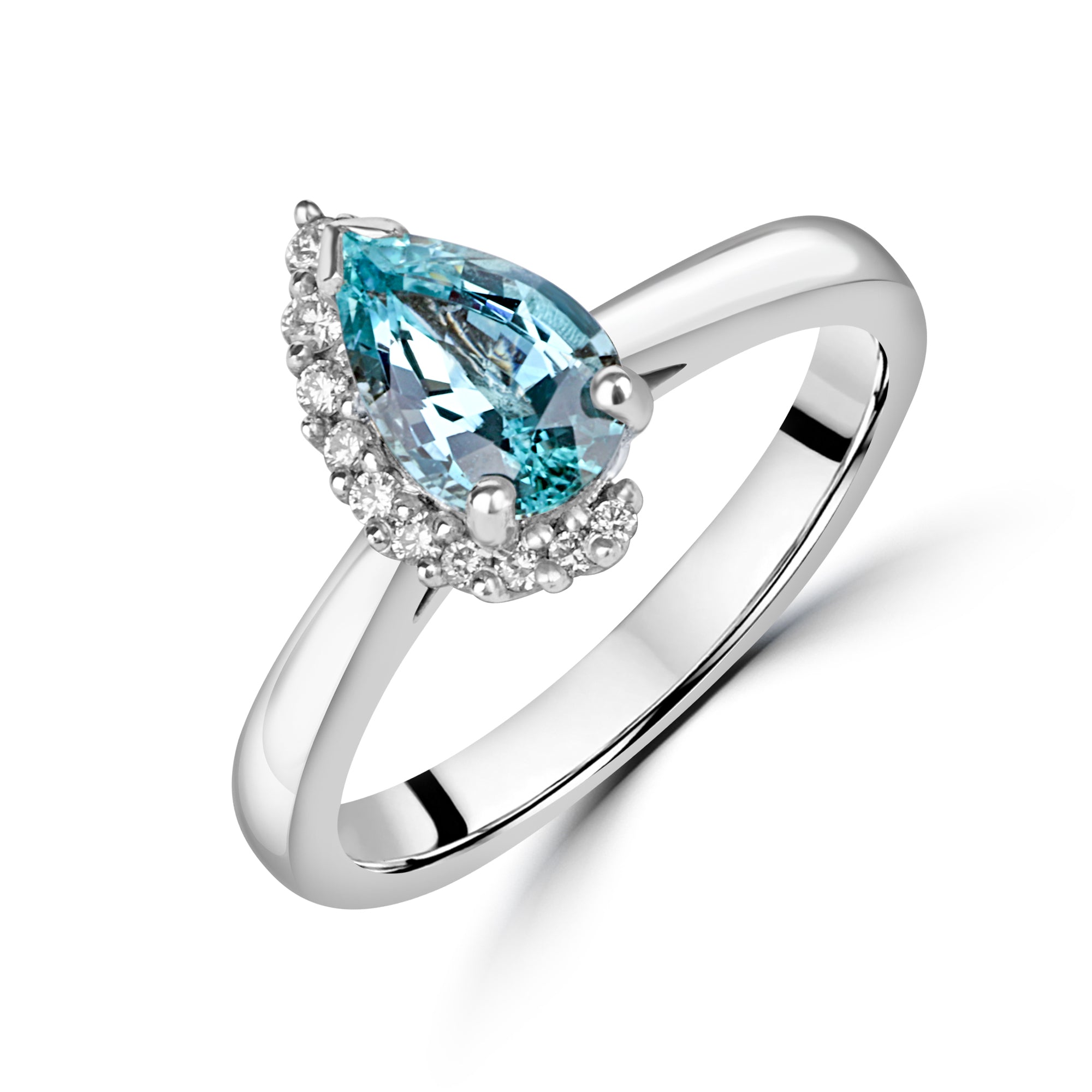 18ct White Gold 0.93ct Pear Shape Aquamarine & Round Diamond Crescent Halo Ring