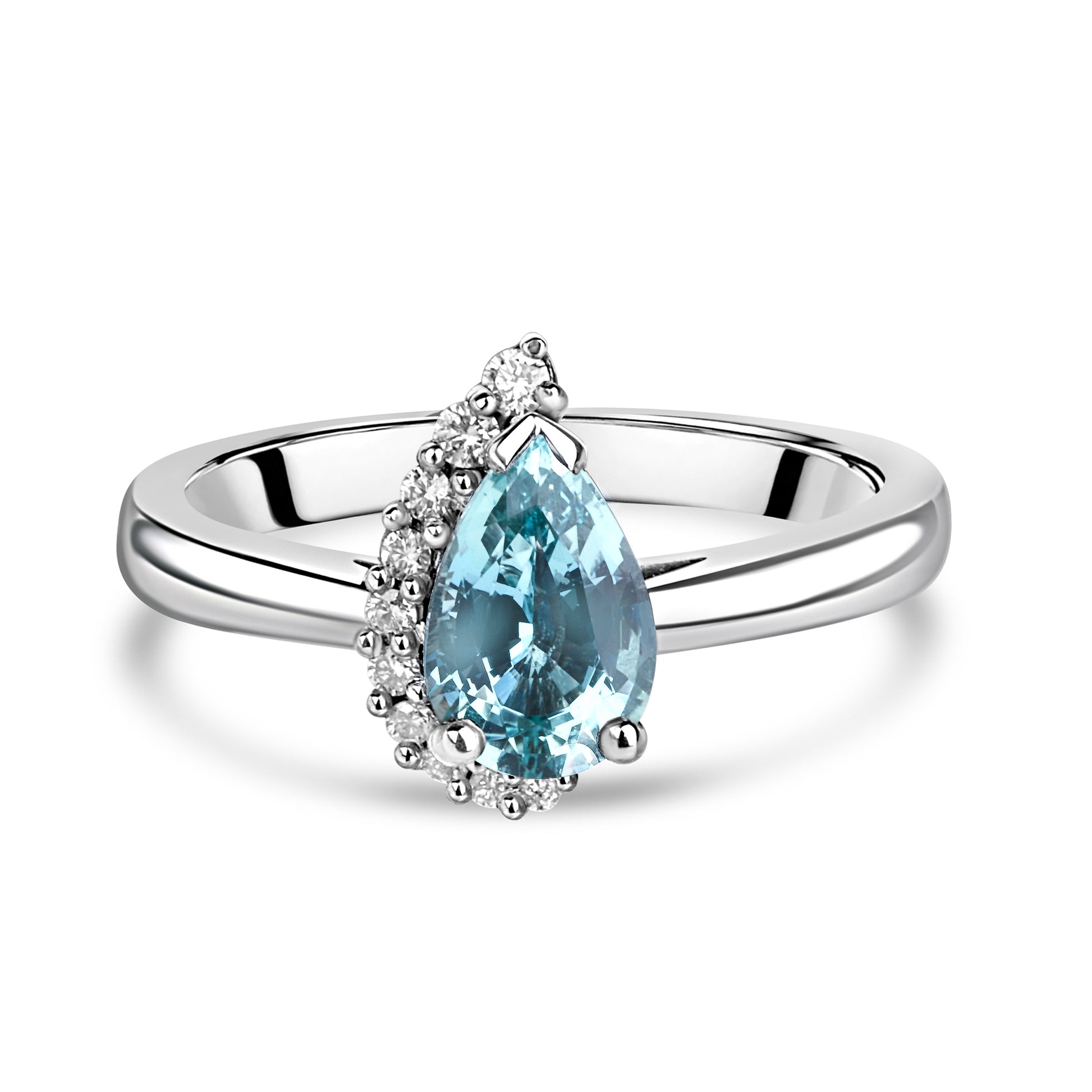 18ct White Gold 0.93ct Pear Shape Aquamarine & Round Diamond Crescent Halo Ring