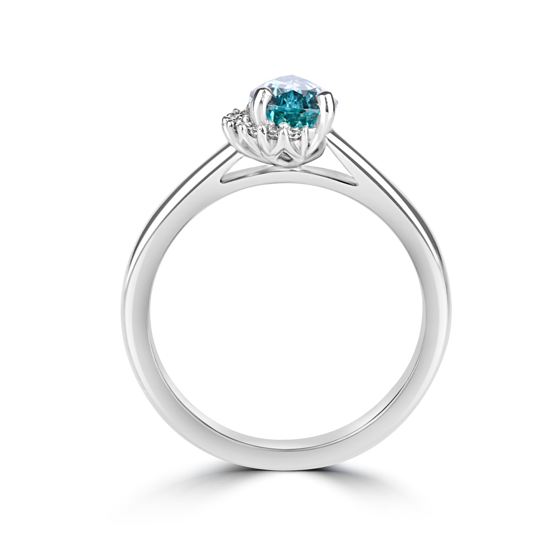 18ct White Gold 0.93ct Pear Shape Aquamarine & Round Diamond Crescent Halo Ring