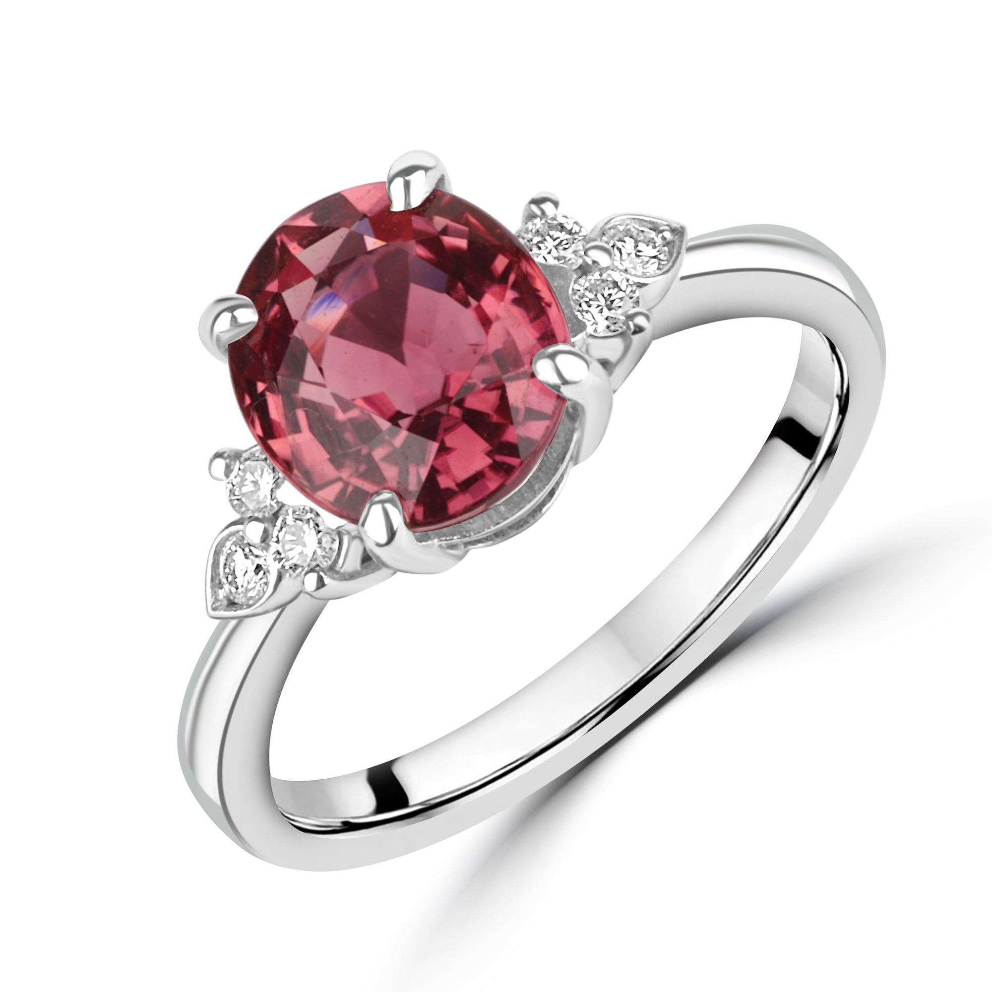 18ct White Gold 2.27ct Pink Tourmaline and Trefoil Set Diamond Ring