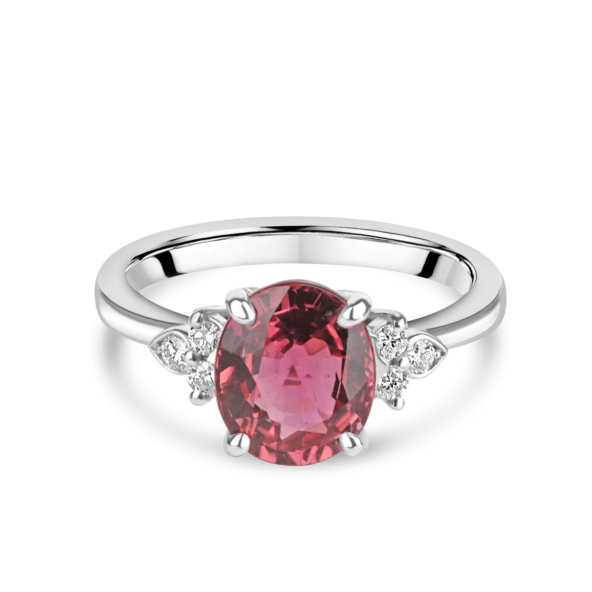 18ct White Gold 2.27ct Pink Tourmaline and Trefoil Set Diamond Ring