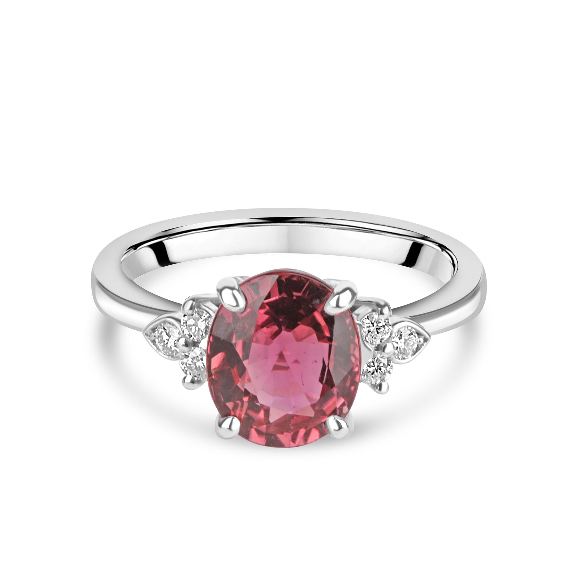 18ct White Gold 2.27ct Pink Tourmaline and Trefoil Set Diamond Ring