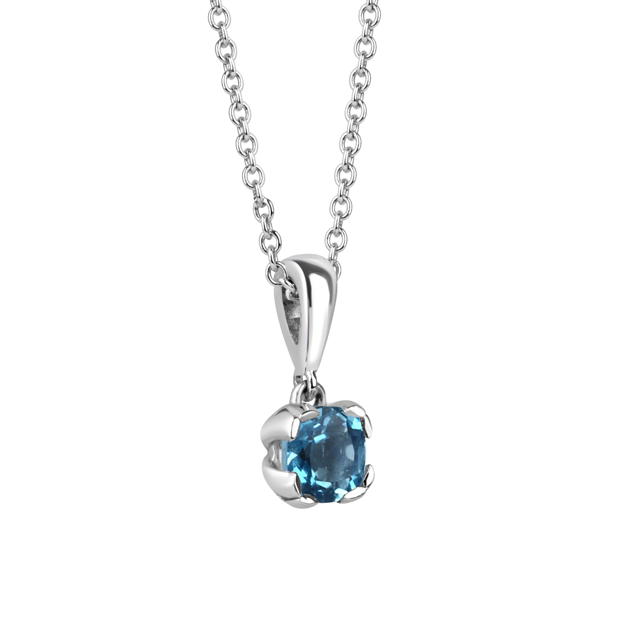 18ct White Gold 4 Split Claw Pendant With Aquamarine and 18" Trace Chain
