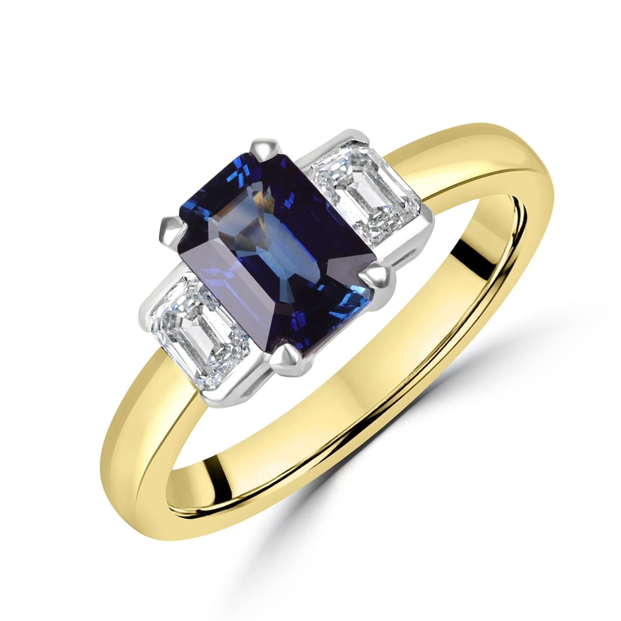 18ct Yellow Gold 1.38ct Sapphire and Diamond three Stone Ring