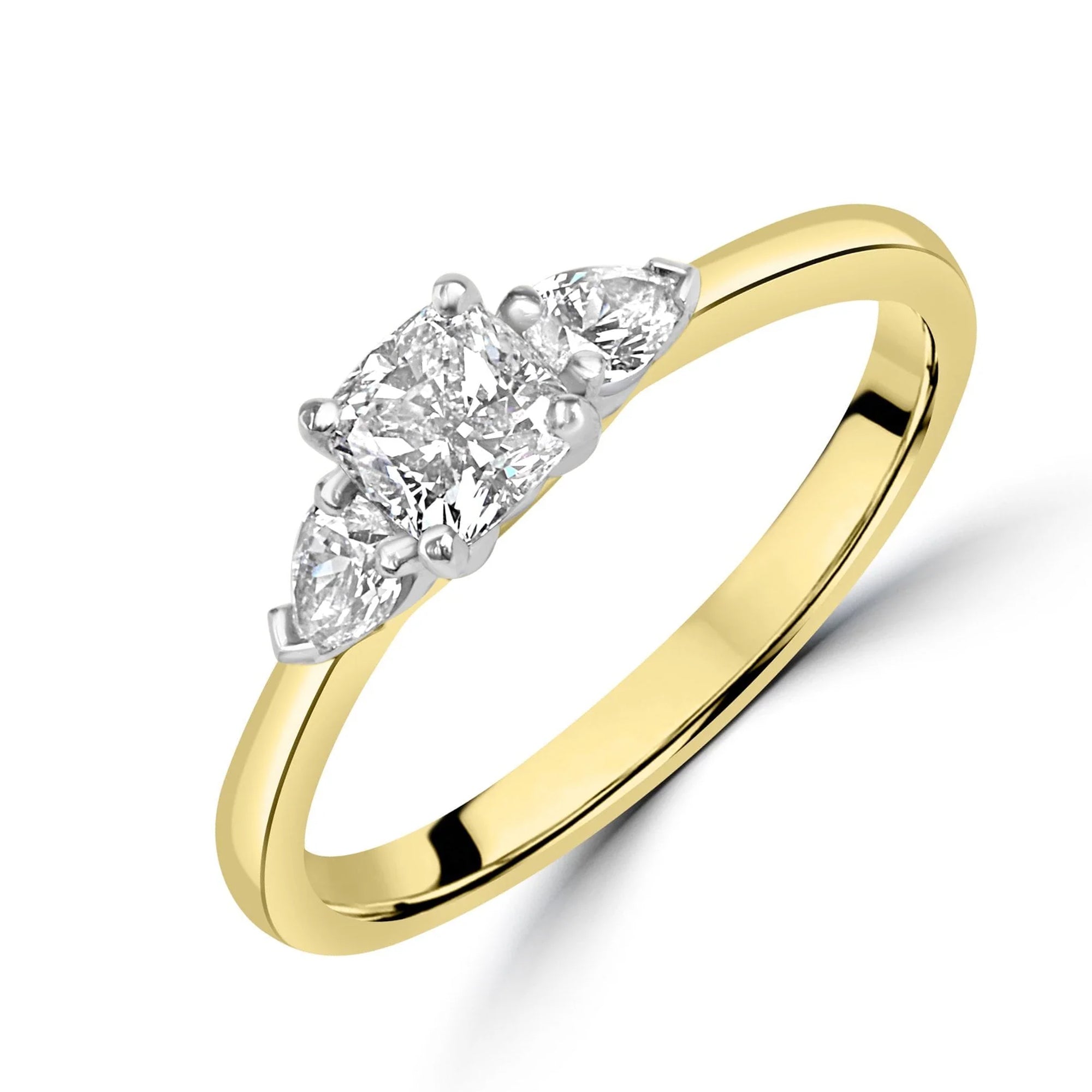 18ct Yellow Gold Engagement Ring With a Half Carat Cushion Diamond And Two Pear Cut Diamonds