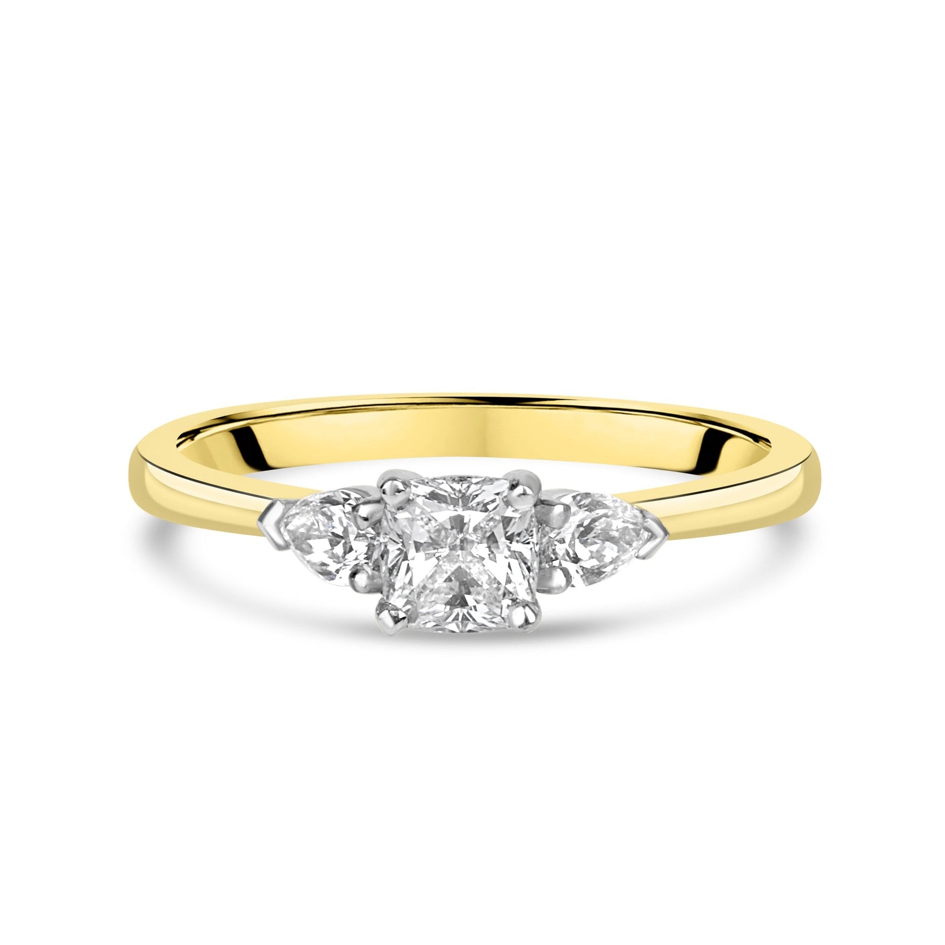 18ct Yellow Gold Engagement Ring With a Half Carat Cushion Diamond And Two Pear Cut Diamonds
