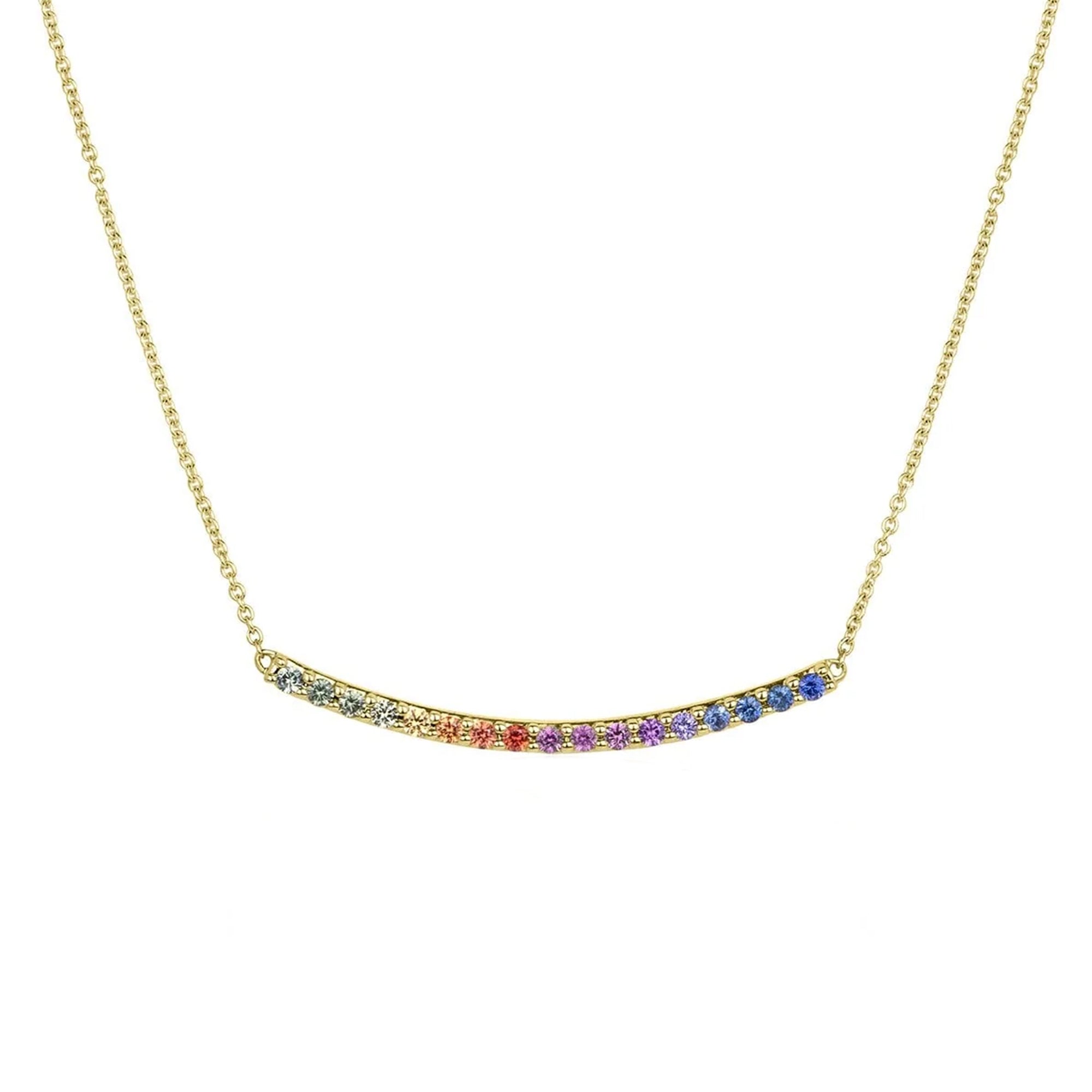 18ct Yellow Gold Rainbow Sapphire Curved Bar Necklace