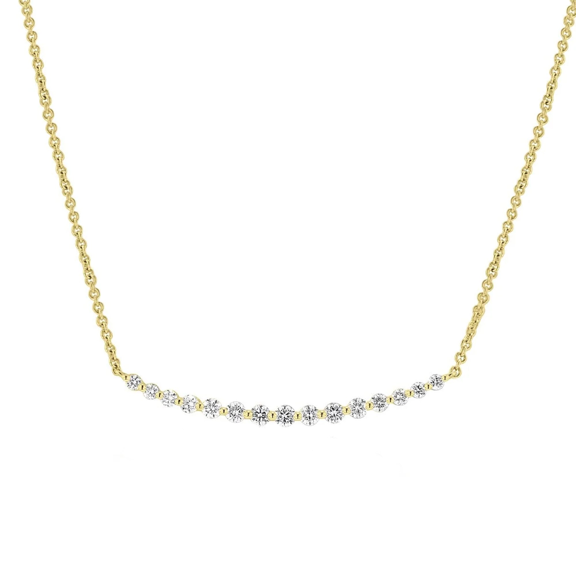 18ct Gold Curved Bar Diamond Necklace on 16" Fine Trace Chain