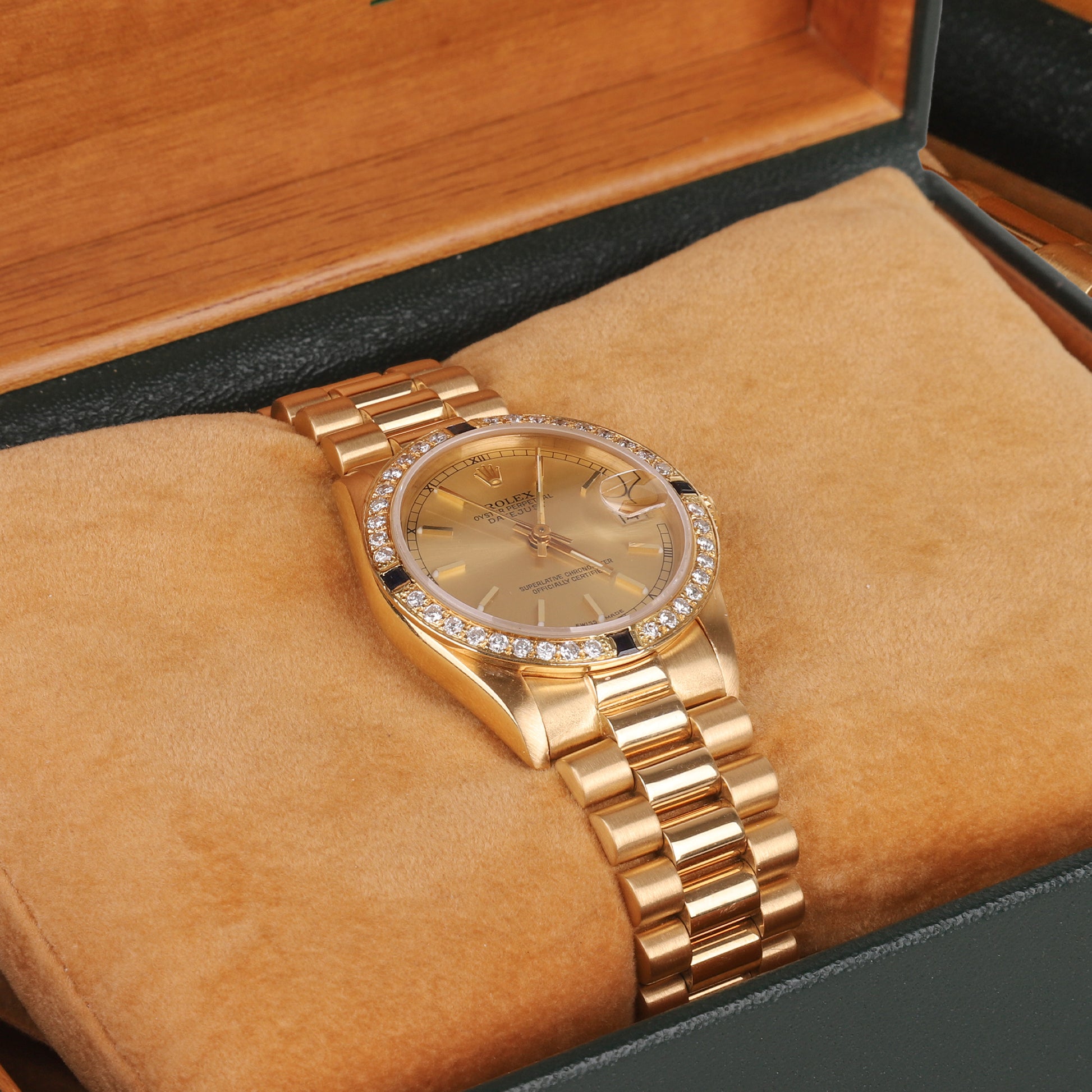 18ct Yellow Gold Rolex Datejust Diamond Dial Watch With President Bracelet