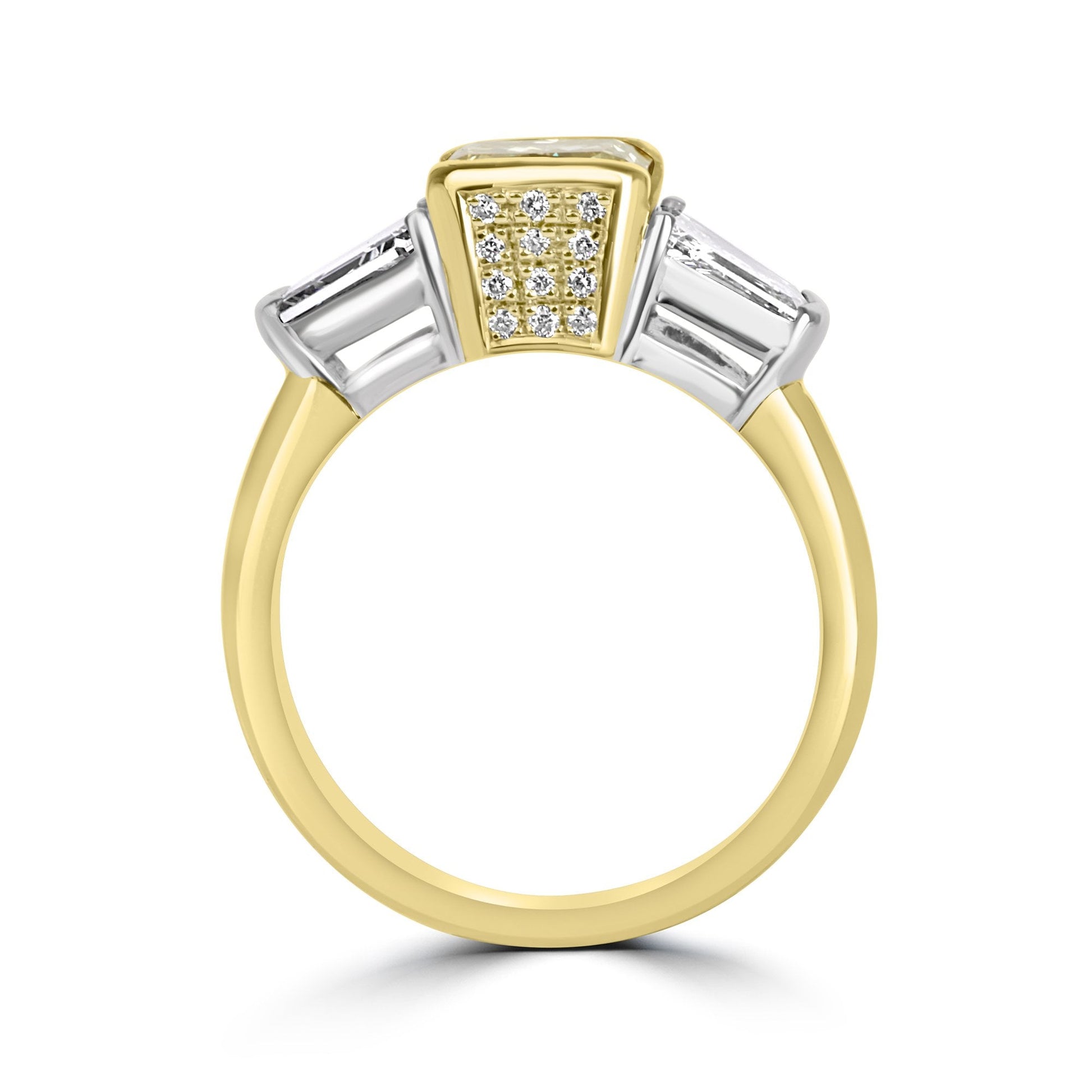 18ct Mixed Gold Three Stone Ring with Circa 1.6ct Yellow Center Stone and Trapezium Outers