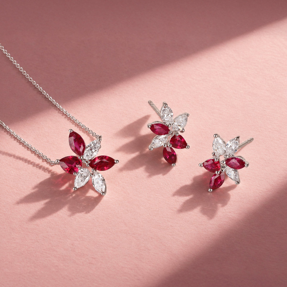 18ct White Gold 1.00ct Ruby & 0.69ct Diamond Scattered Flower Earrings