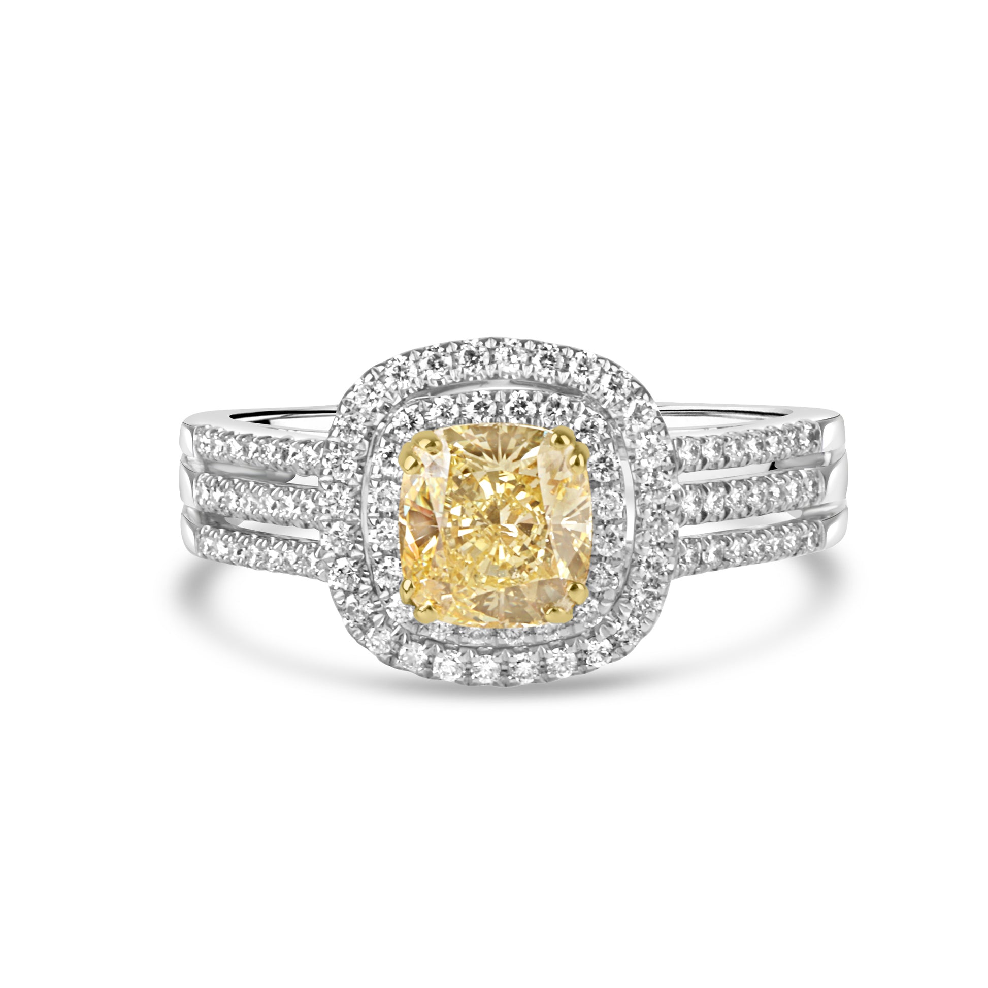 18ct White Gold 1.01ct Cushion Cut Natural Yellow Diamond Double Halo Ring