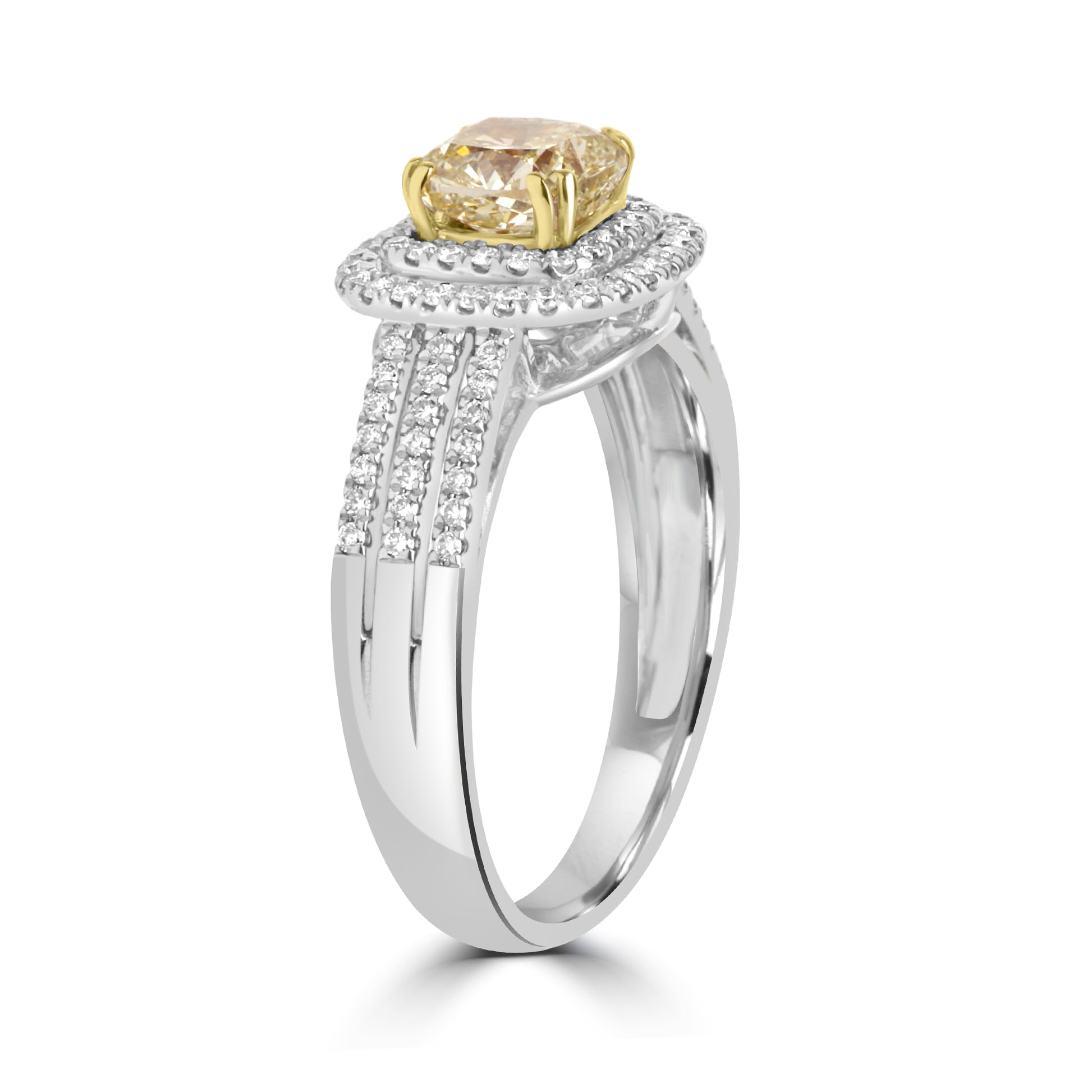 18ct White Gold 1.01ct Cushion Cut Natural Yellow Diamond Double Halo Ring