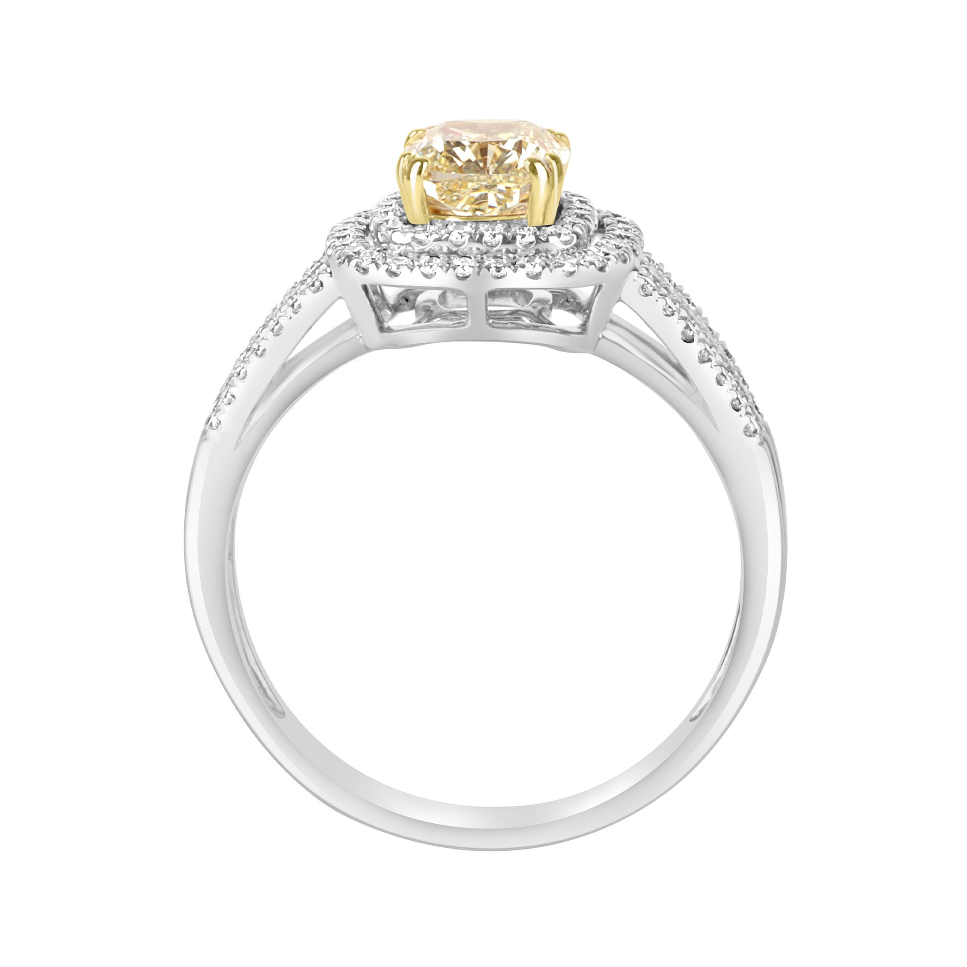 18ct White Gold 1.01ct Cushion Cut Natural Yellow Diamond Double Halo Ring