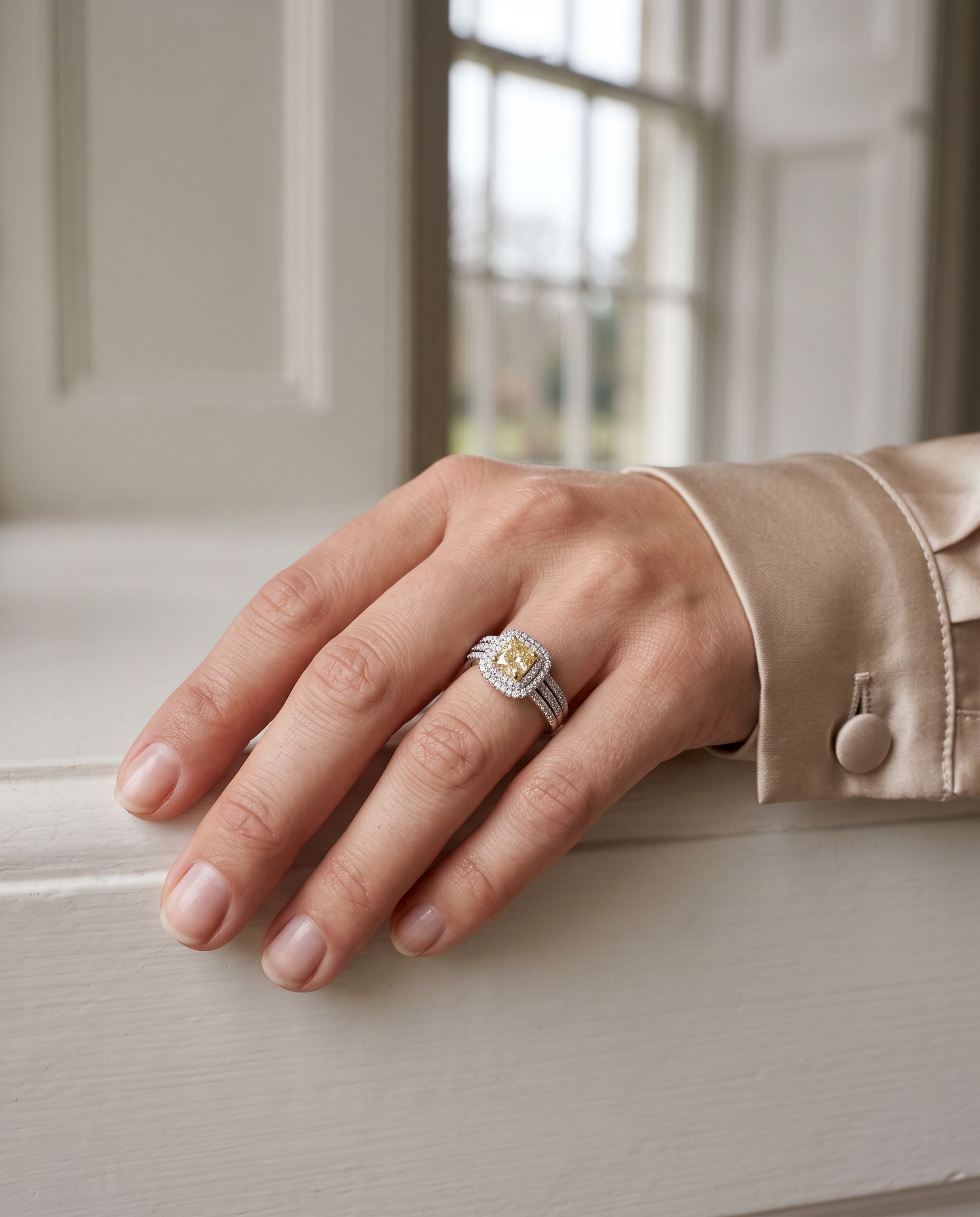 18ct White Gold 1.01ct Cushion Cut Natural Yellow Diamond Double Halo Ring