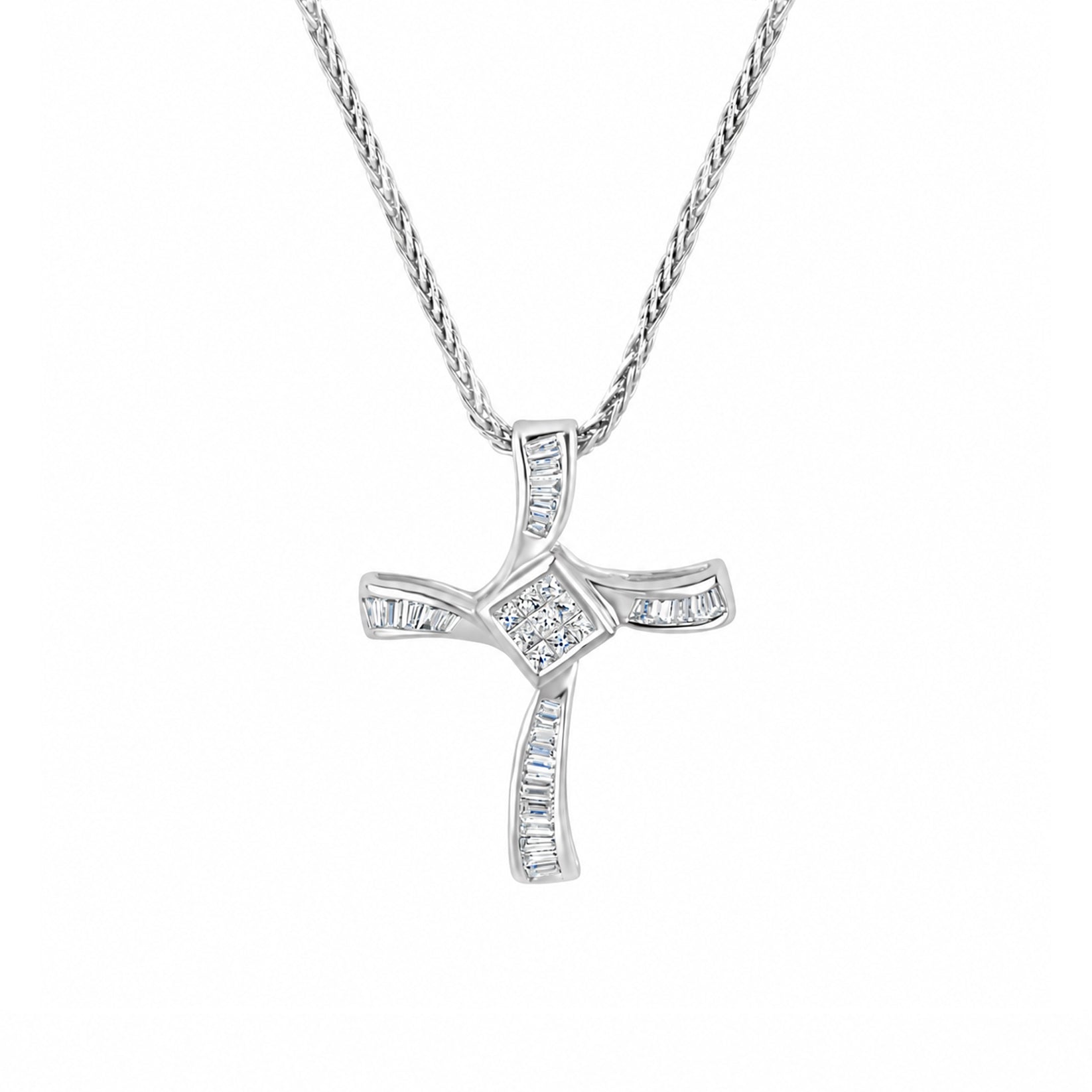18ct White Gold Baguette & Princess Cut Diamond Cross Pre-Owned Necklace