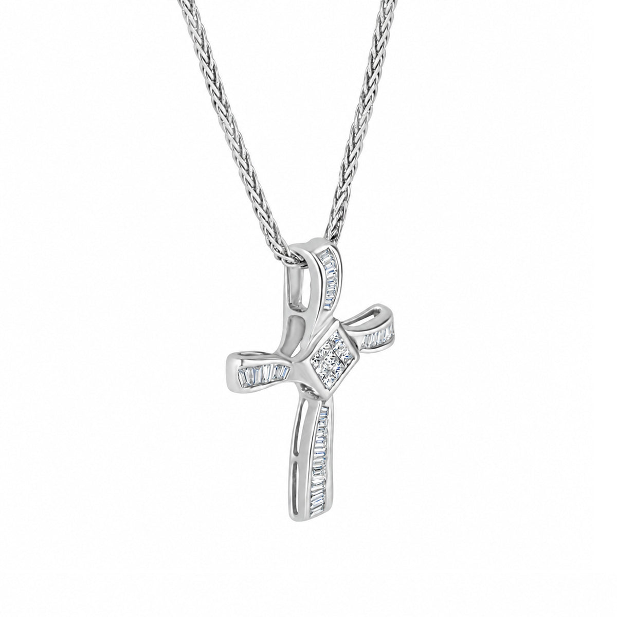 18ct White Gold Baguette & Princess Cut Diamond Cross Pre-Owned Necklace
